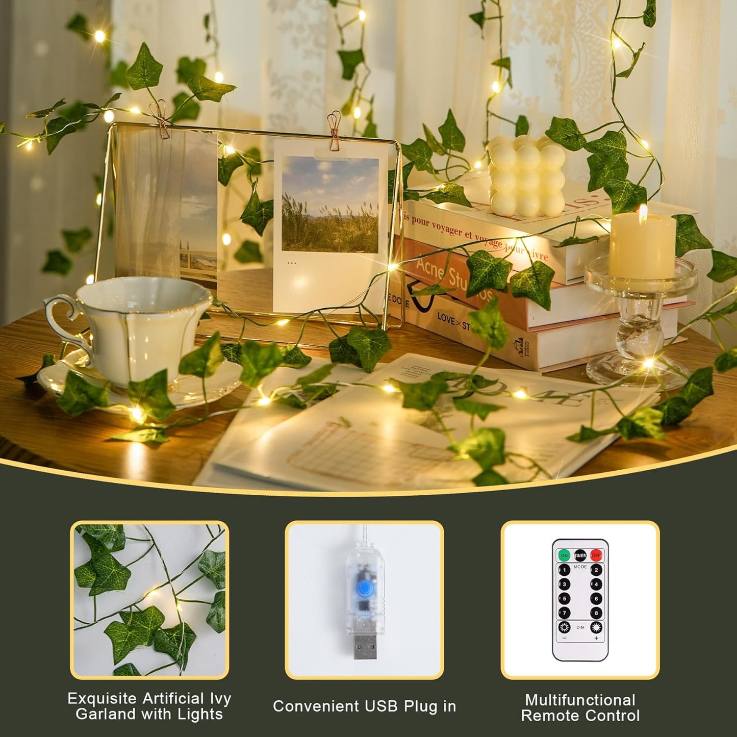 Vines Lights for Bedroom, 200 LED Vines Fairy Lights, Artificial Ivy Leaf Light for Wall Curtain Wedding Party Indoor Decor, 6.5Ft X 6.5Ft with Remote