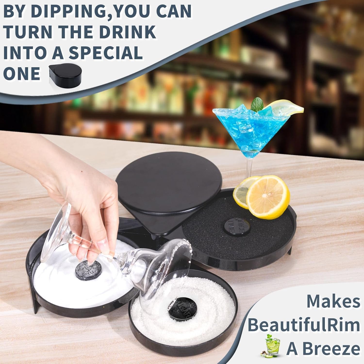 Margarita Salt Rimmer Set, New Upgraded 1 Pack 3 Tier Bar Glass Rimmer Black Plastic Sugar and Salt Rimmer Box with Sponge for Cocktail Bartender Tool