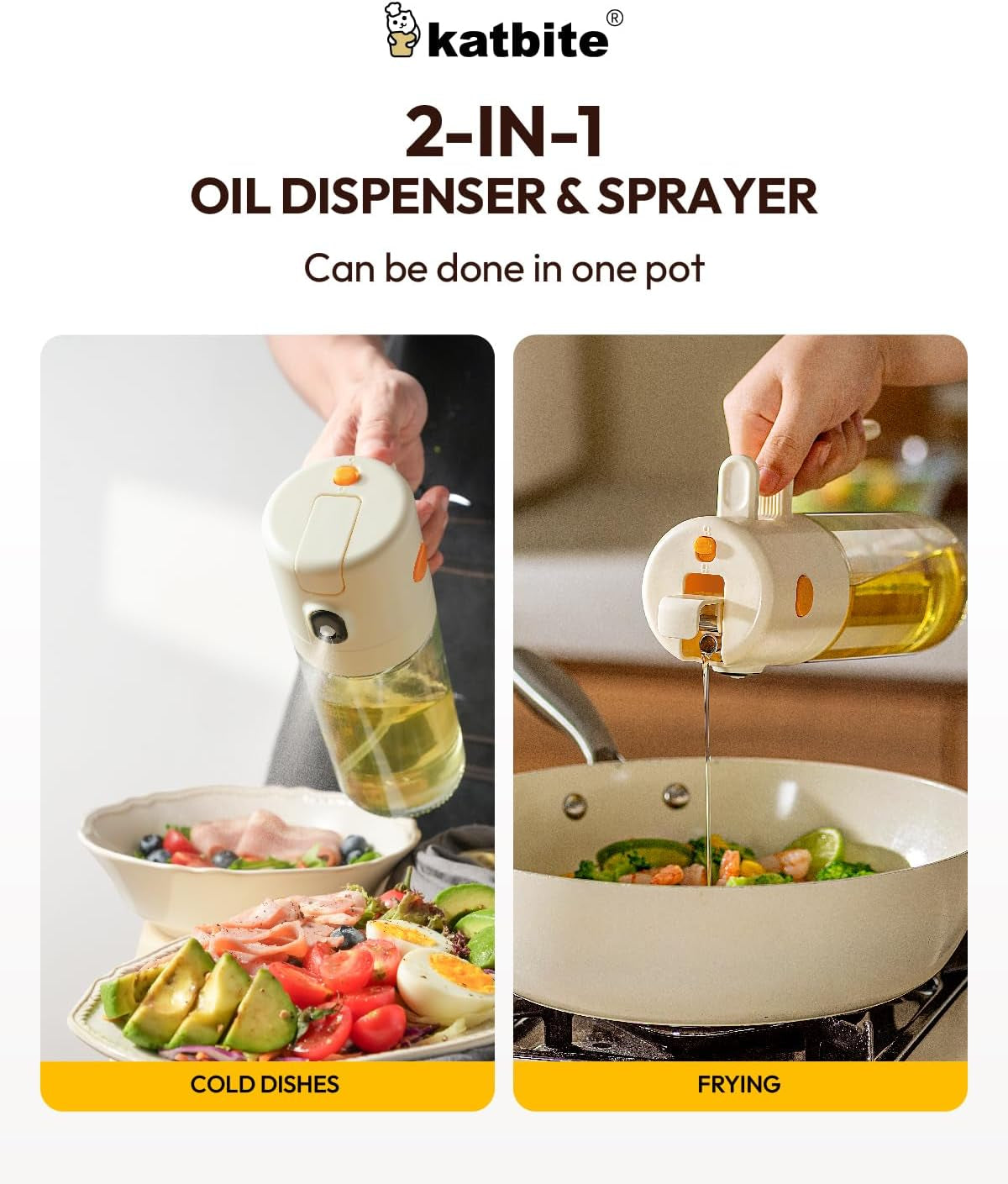 2 in 1 Oil Sprayer & Pour for Cooking, 18.6 Oz(550Ml) Glass Olive Oil Dispenser Bottle, One-Touch Open Lid, Non-Drip Leak-Proof Design, Fine Mist(0.5G/Spray) for Air Fryer, Salad, Yellow