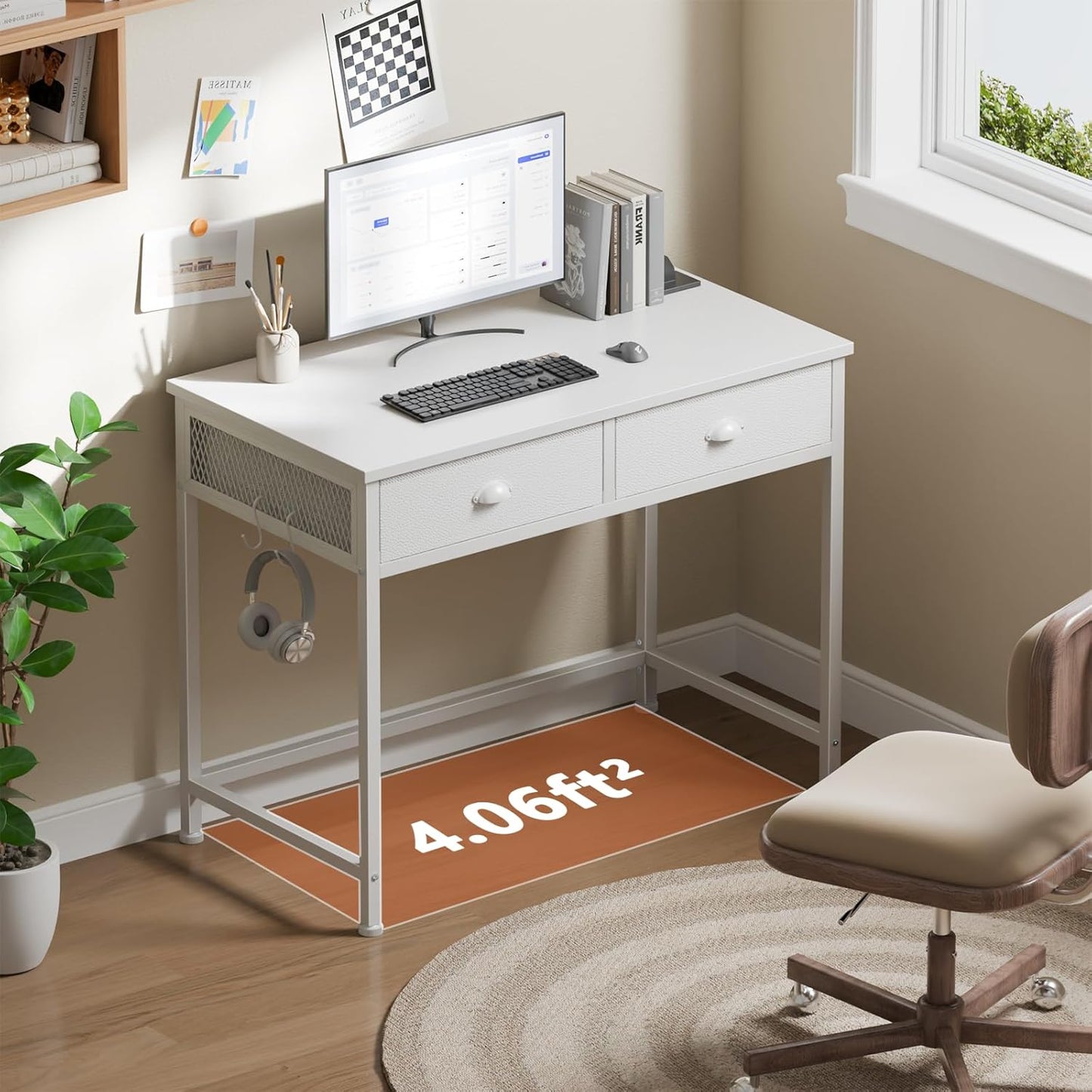 White Small Computer Desk with 2 Fabric Drawers for Bedroom,34 Inch Simple Home Office Writing Desk, Vanity Desk with Hooks, Study Table for Adults Student Small Spaces