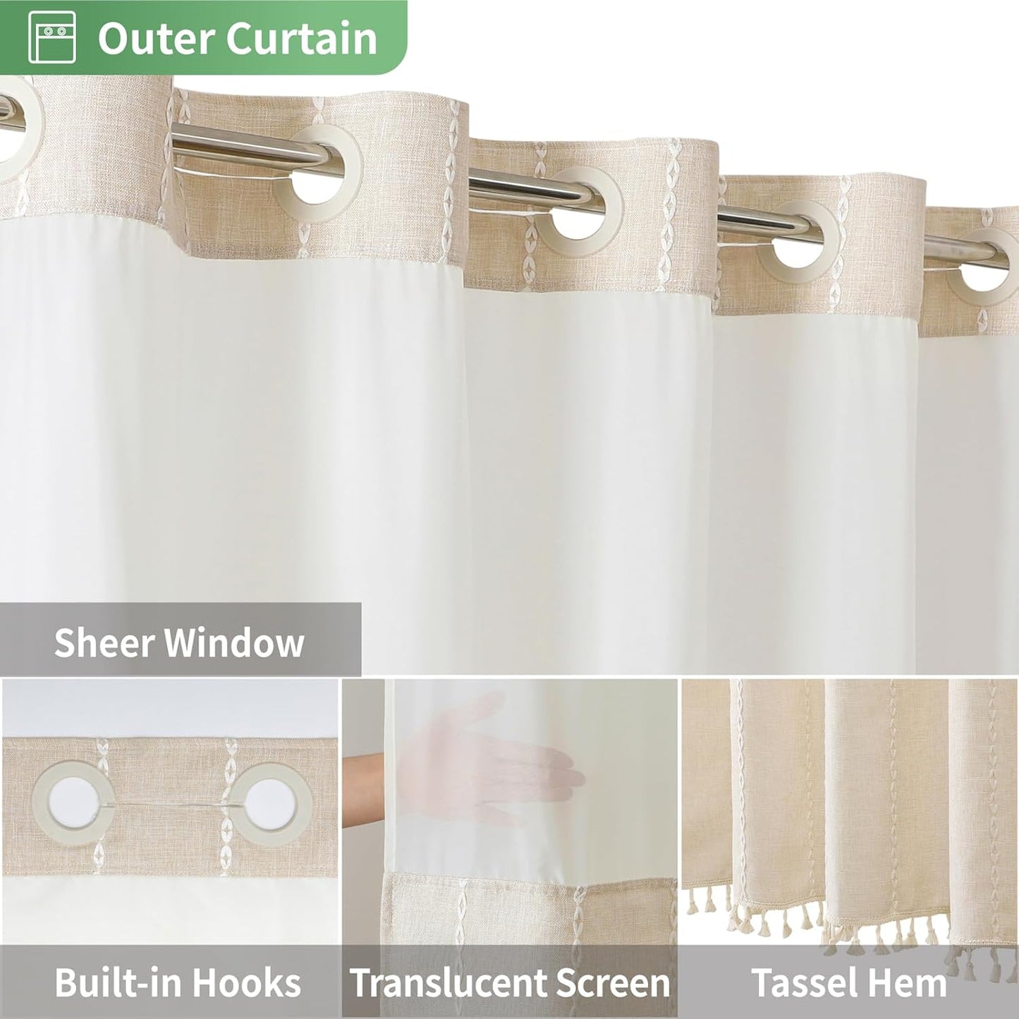 Boho Farmhouse No Hook Shower Curtain Set with Snap-In Fabric Liner,Heavy-Duty Linen Textured Rustic Striped Design,Water-Repellent with Tassels and Sheer Window,Cream/Beige,71X74