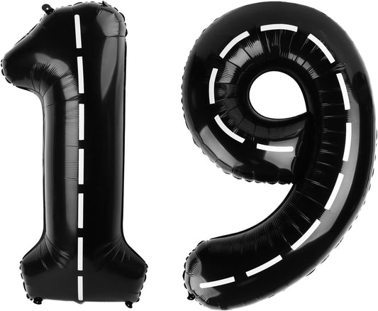 Race Car Number 19 Balloon 40 Inch, Black 19 Number Balloons, 19Th Birthday Decorations, 19 Year Old Boys Race Themed Party Decorations