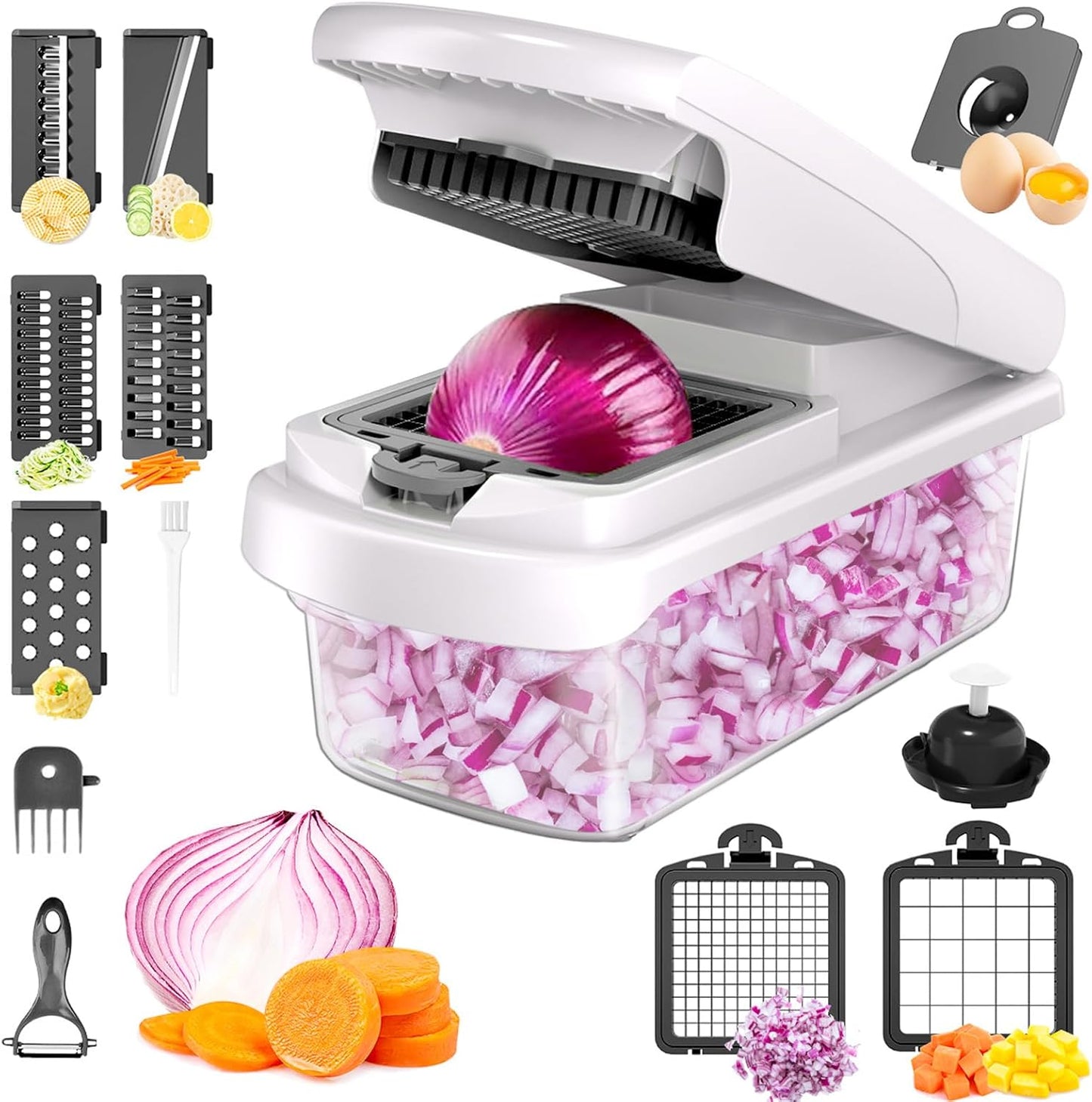 Vegetable Chopper for Mandoline Slicer, 15-In-1 Veggie Choppers, Cheese Grater, Onion Cutter with Container, Kitchen Gadgets Essentials, Vegetable Dicer, Onion Mincer Tomato Slicer (White)