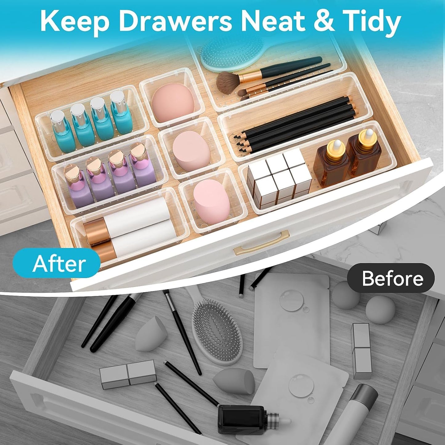 12 PCS Drawer Organizer Set, 4 Sizes Storage Drawer Units, Clear Plastic Makeup Vanity Organizer and Storage Bins for Makeup, Stationeries, Multiple Gadgets for Bathroom, Office, Bedroom