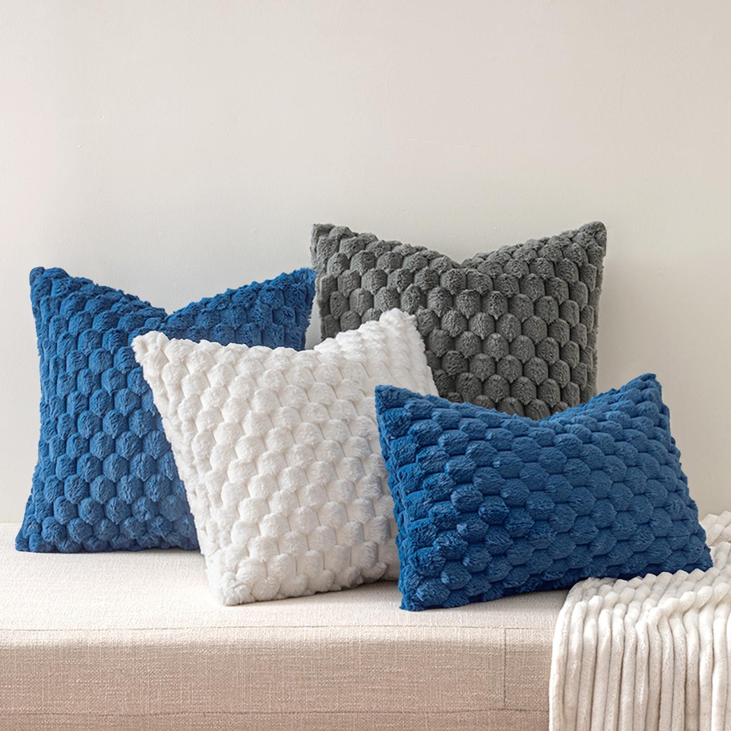 Navy Blue Faux Fur Decorative Throw Pillow Covers 18X18 Inch Set of 2 Super Soft Cozy Plush Cushion Cases Luxury Fluffy Pillowcases for Sofa Couch Bed Living Room