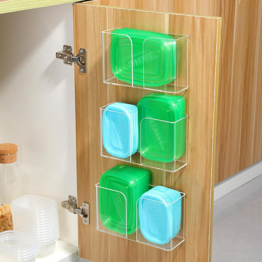 Set of 3 Acrylic Lid Organizers for Cabinets - Adhesive Door Storage Solution for Tupperware Lids, Heavy-Duty Slim Plastic Wall Baskets for Kitchen and RV Pantry Organization