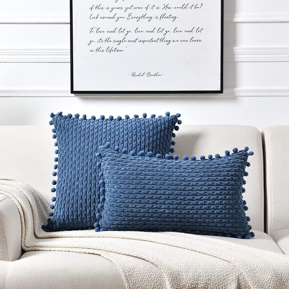 Set of 2 Dusty Blue Decorative Throw Pillow Covers 18X18 Inch with Pom-Poms for Couch Bed Sofa, Rustic Farmhouse Boho Home Decor, Soft Plush Corduroy Cute Cushion Case 45X45 Cm