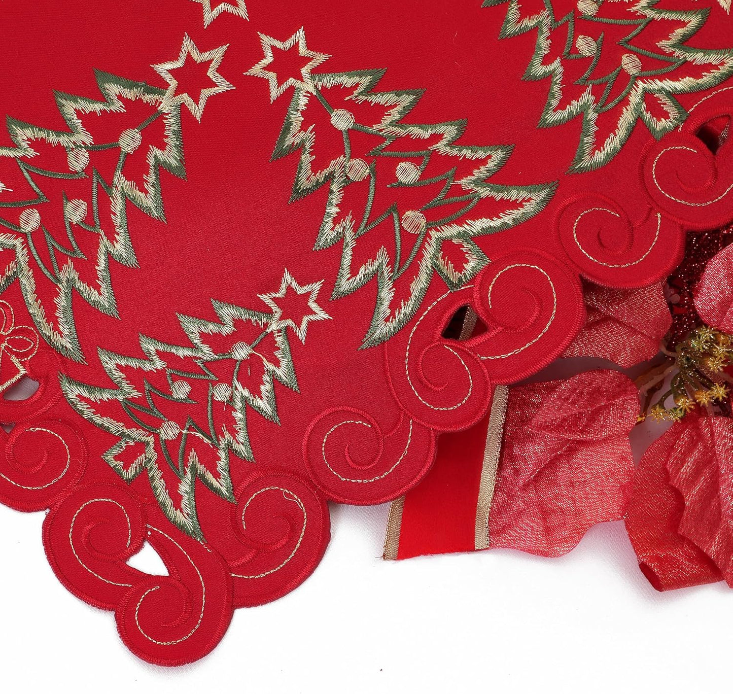 Red Christmas Placemats - 13 X 19 Inch Set of 4, Embroidered Cutwork with Green Christmas Tree and Gifts, Holiday Placemats for Xmas Party Kitchen Decor