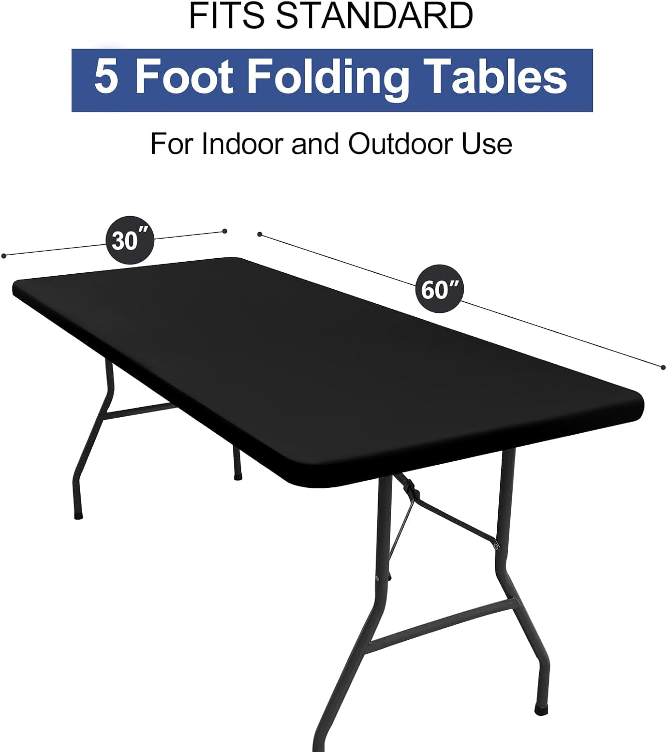 2 Pack Rectangle Table Cloth, Elastic Fitted Fabric Tablecloth Fits for 5 Foot Folding Tables, Washable Table Cover for Picnic, Camping, Indoor & Outdoor (Black, 30" X 60")