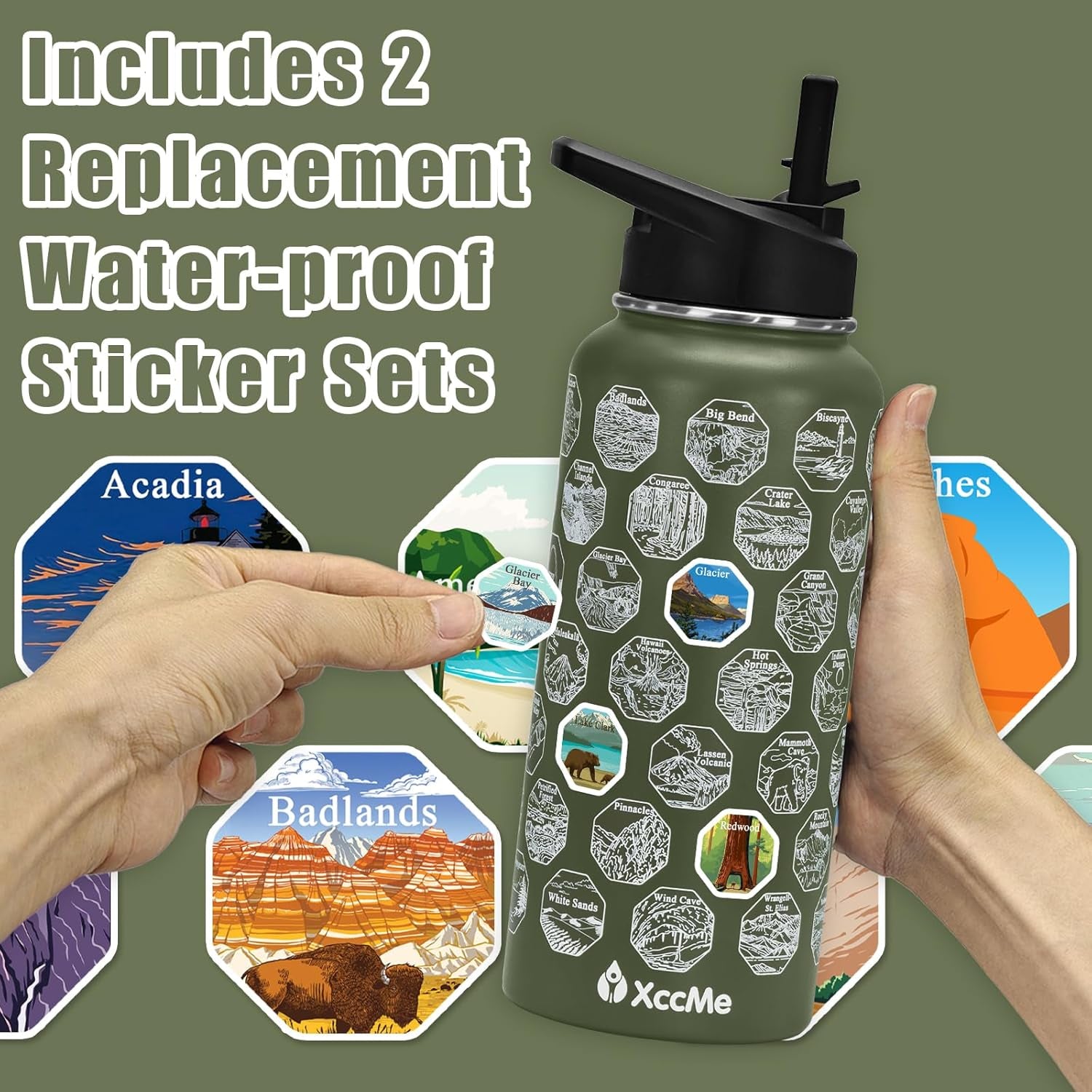 63 National Parks Water Bottle with Stickers,32 Oz Stainless Steel Insulated Water Bottle with Straw,2 Lids,Leak Proof Metal Water Cup for Hiking,Travel,Sports,Camping,Wide Mouth Bottle