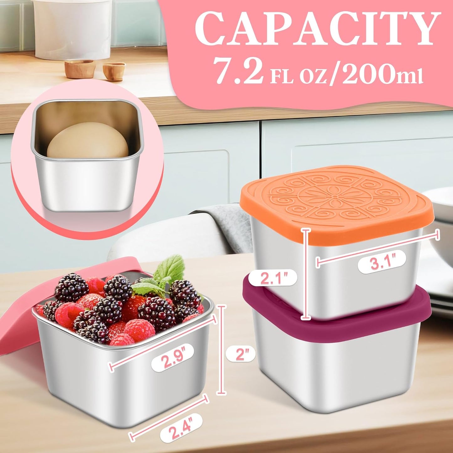 Stainless Steel Snack Containers for Kids,7.2Oz Easy Open Leak Proof Reusable Snack Box Container with Lids,Small Lunch Containers for Meal Prep,School,Picnic and Travel-3Pack