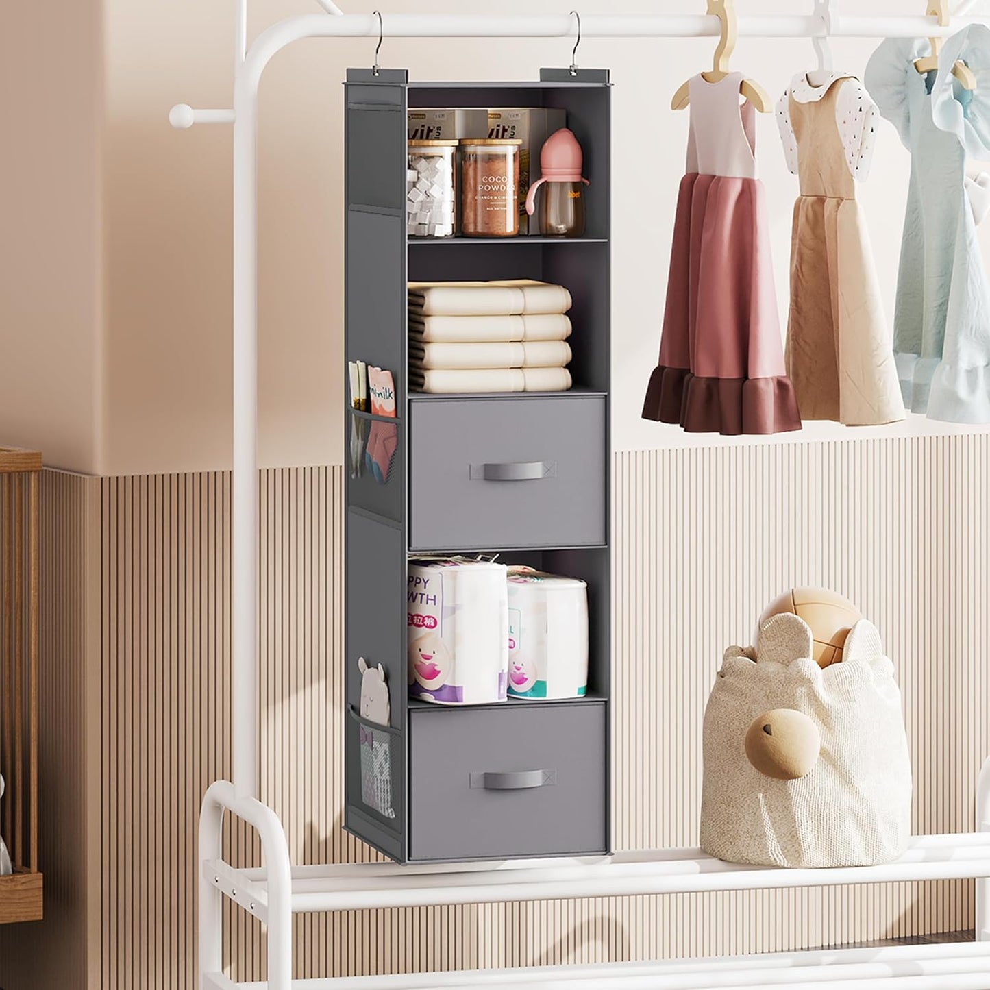 Hanging Closet Organizer, 5 Tier Hanging Closet Shelves with Drawers and 6 Side Pockets, Grey