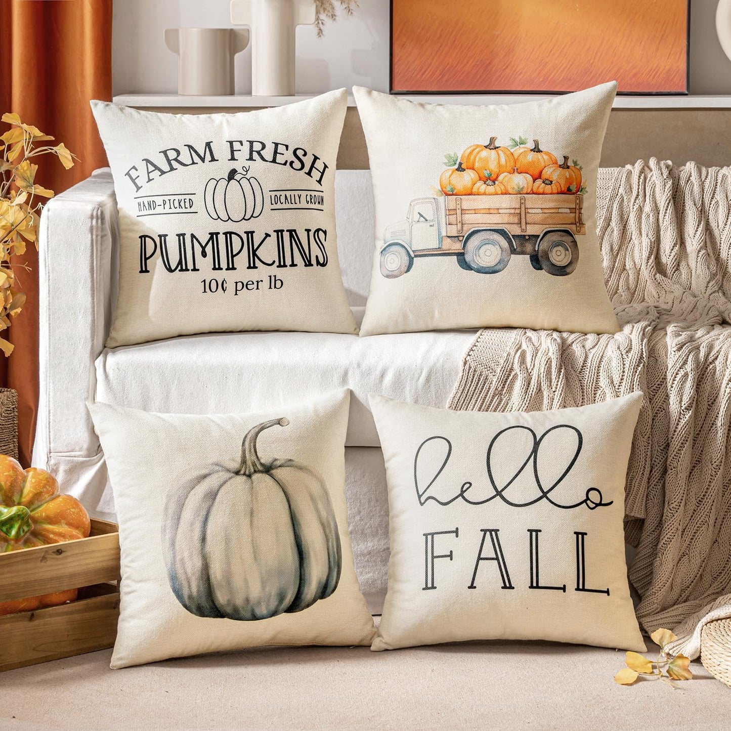 Fall White Pumpkin Throw Pillow Covers 18X18 Inch Thanksgiving Harvest Decorations Cushion Cases for Autumn Sofa Couch Set of 4