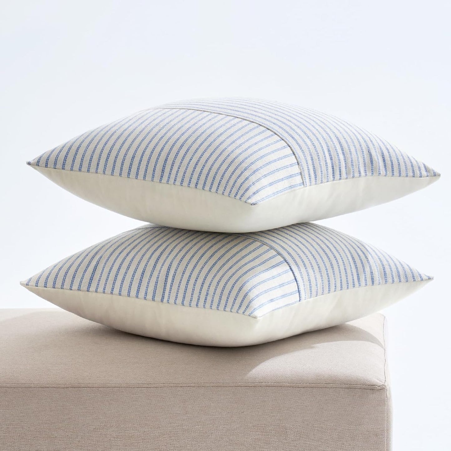 Light Blue and Beige Patchwork Farmhouse Pillow Covers 18X18 Inch, Pack of 2 Striped Linen Spring Decorative Modern Accent Pillow Cases for Sofa Couch Bedroom