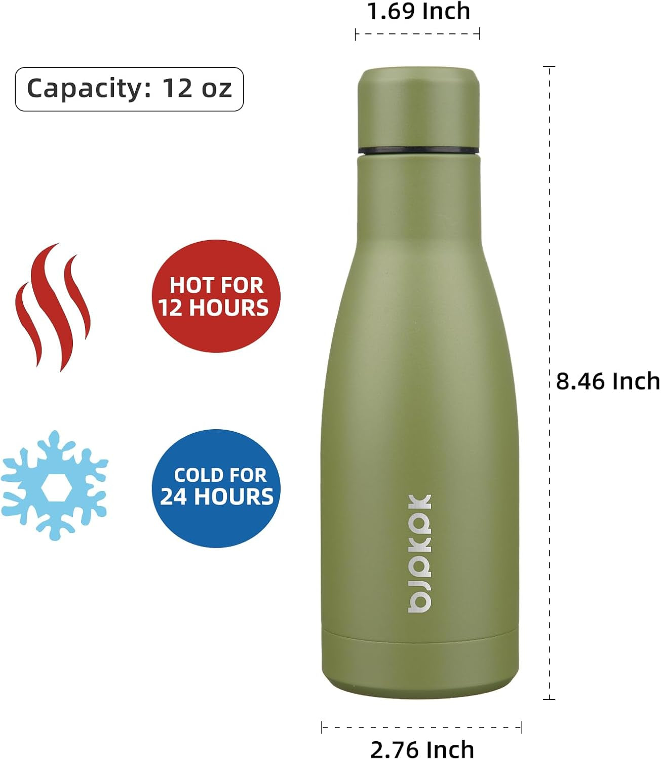 12Oz Water Bottles Stainless Steel Double Wall Vacuum Insulated Small Water Bottles for Travel,Olive Green
