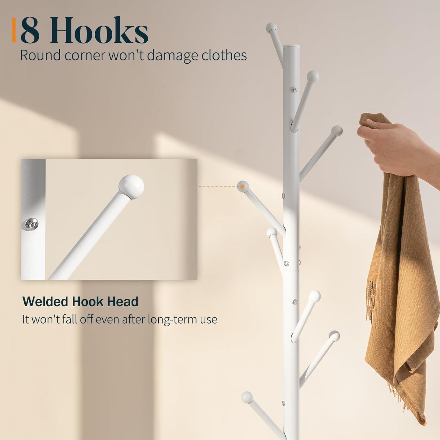 Coat Rack Freestanding with Natural Marble Base, Coat Tree with 8 Hooks Heavy Duty Coat Hanger Stand, Metal Coat Rack Stand for Jacket, Hat, Clothes & Bag, Hall Tree Hat Rack for Entryway