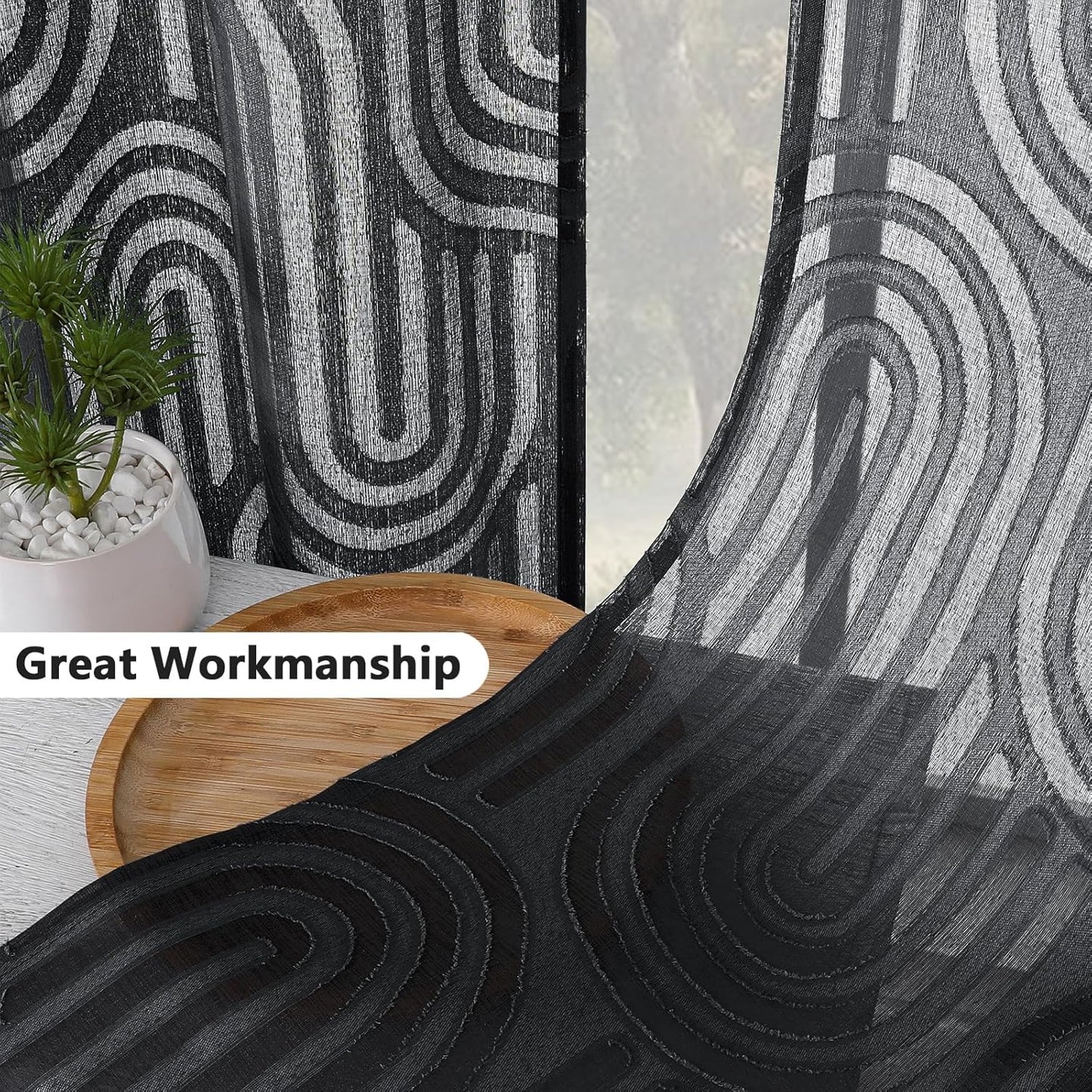 Sheer Black Curtains Kitchen 36 Inch Length 2 Panels Set for Window, Soft Airy Geometric Jacquard Semi Sheer Curtains for Bathroom, Modern Rod Pocket Window Curtains, 42Wx36L Inches