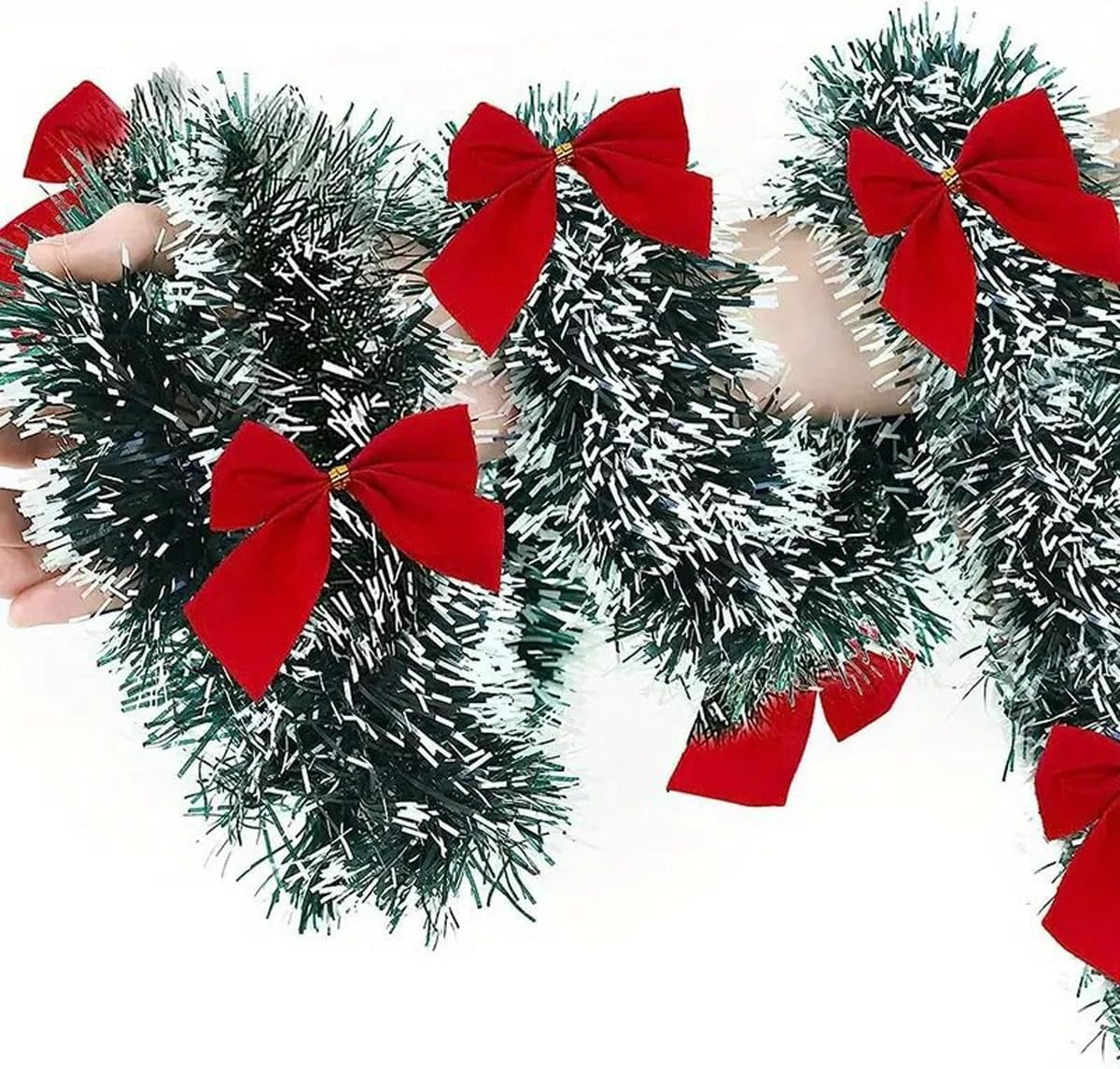 5M Christmas Tinsel Garland Christmas Tree Decorations Silver Foil Tinsel Garland Metallic Hanging Garland for New Year Party Holiday (Green W/Red Bow-16Ft (No Lights))