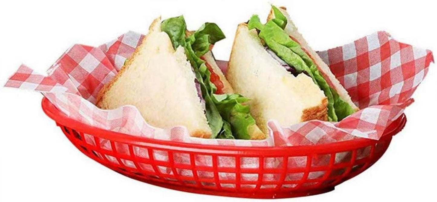 Retro Style Fast Food Basket (12Pk) and Checkered Deli Liner (100 Pk) Combo. Fast Food Basket Are Dishwasher Safe. Disposable Deli Paper Squares for Easy Cleanup (Red)