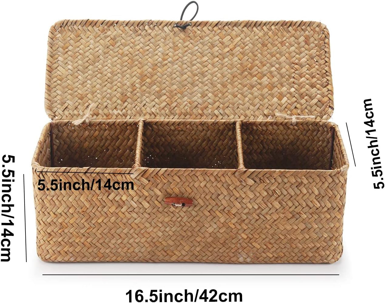 Seagrass Tank Basket with Lid Woven Toilet Roll Storage Basket with Sections Rectangular for Organize Snack Toys Tampon (Large Compartment 16.5Inch L X 5.5Inch W X 5.5Inch H) Natural