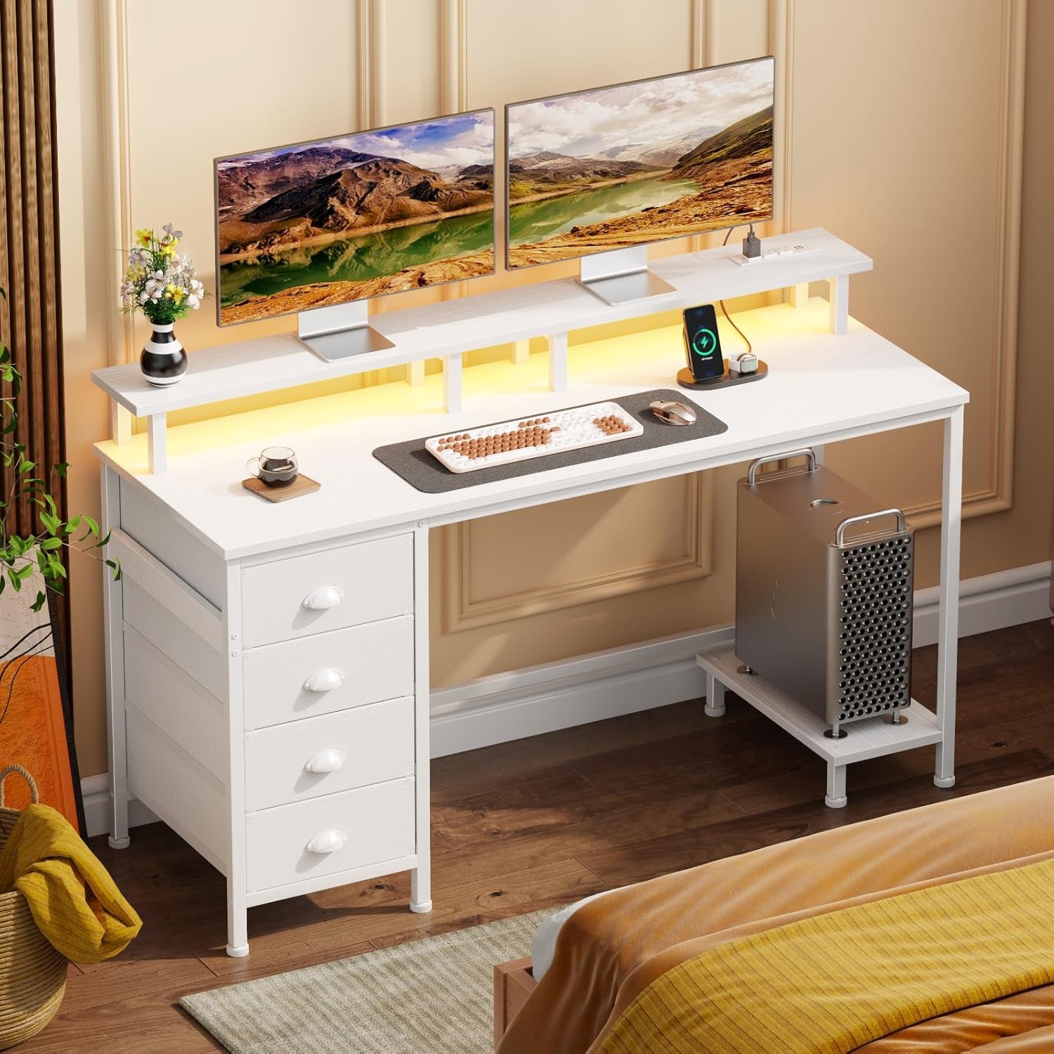 47" White Computer Desk with 4 Fabric Drawers & Monitor Stand, Gaming Desk with Power Outlets - LED Lights, Home Office Space-Saving Study Table for Bedroom Small Spaces