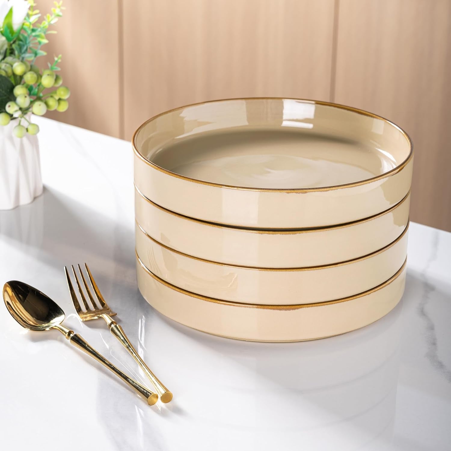 Large 9-Inch Ceramic Pasta Bowls Set of 4, 32 Oz Stoneware Serving Bowls for Kitchen Use, Versatile Wide Bowls for Fruit, Pasta, Salad, Oatmeal, Microwave Safe with Reactive Glaze in Warm Sand Finish