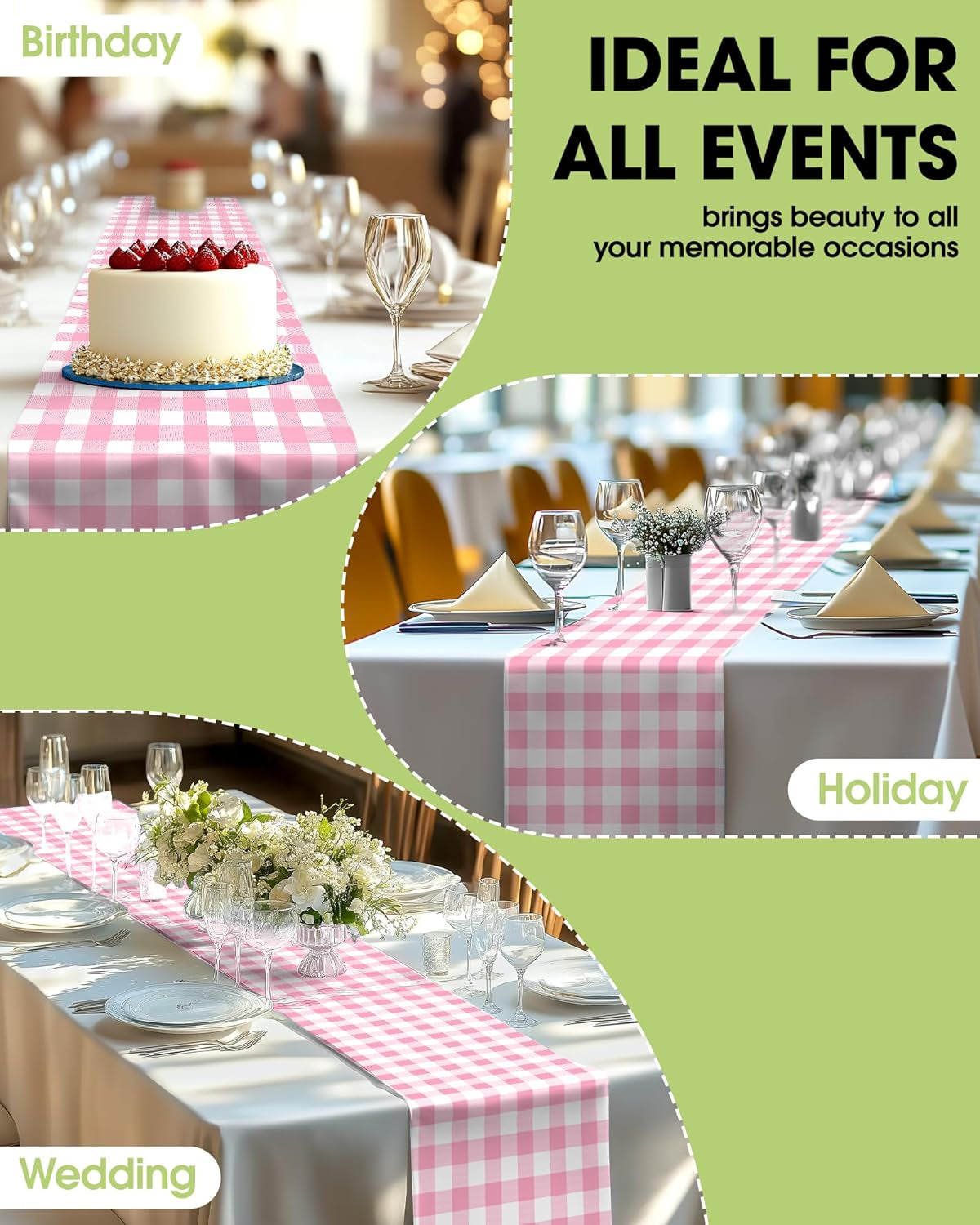 Gingham Plastic Table Runners - 10 Pack, 14'' X 108'', Water Resistant & Disposable Plaid Centerpiece Decorations for Table Cloth, Birthday, Holiday, Party, Pink and White Checkered Home Decor
