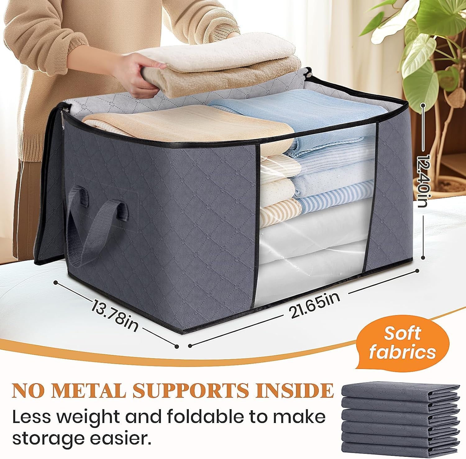 6 Pack Clothes Storage, Foldable Thick Fabric Blanket Storage Bags, Containers for Organizing Bedroom, Closet, Clothing, Comforter,Closet Organization with Handle,Grey