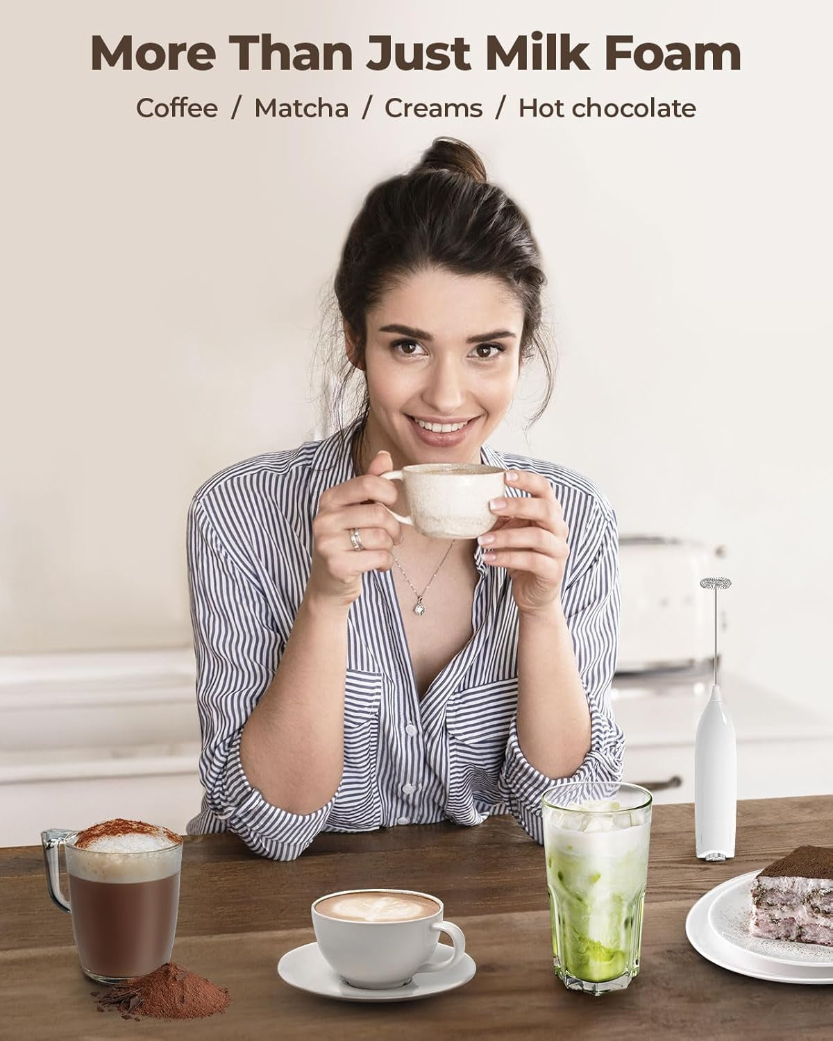 Milk Frother Handheld Battery Operated Electric Foam Maker, White Drink Mixer with Stainless Steel Whisk for Cappuccino, Bulletproof Coffee, Latte