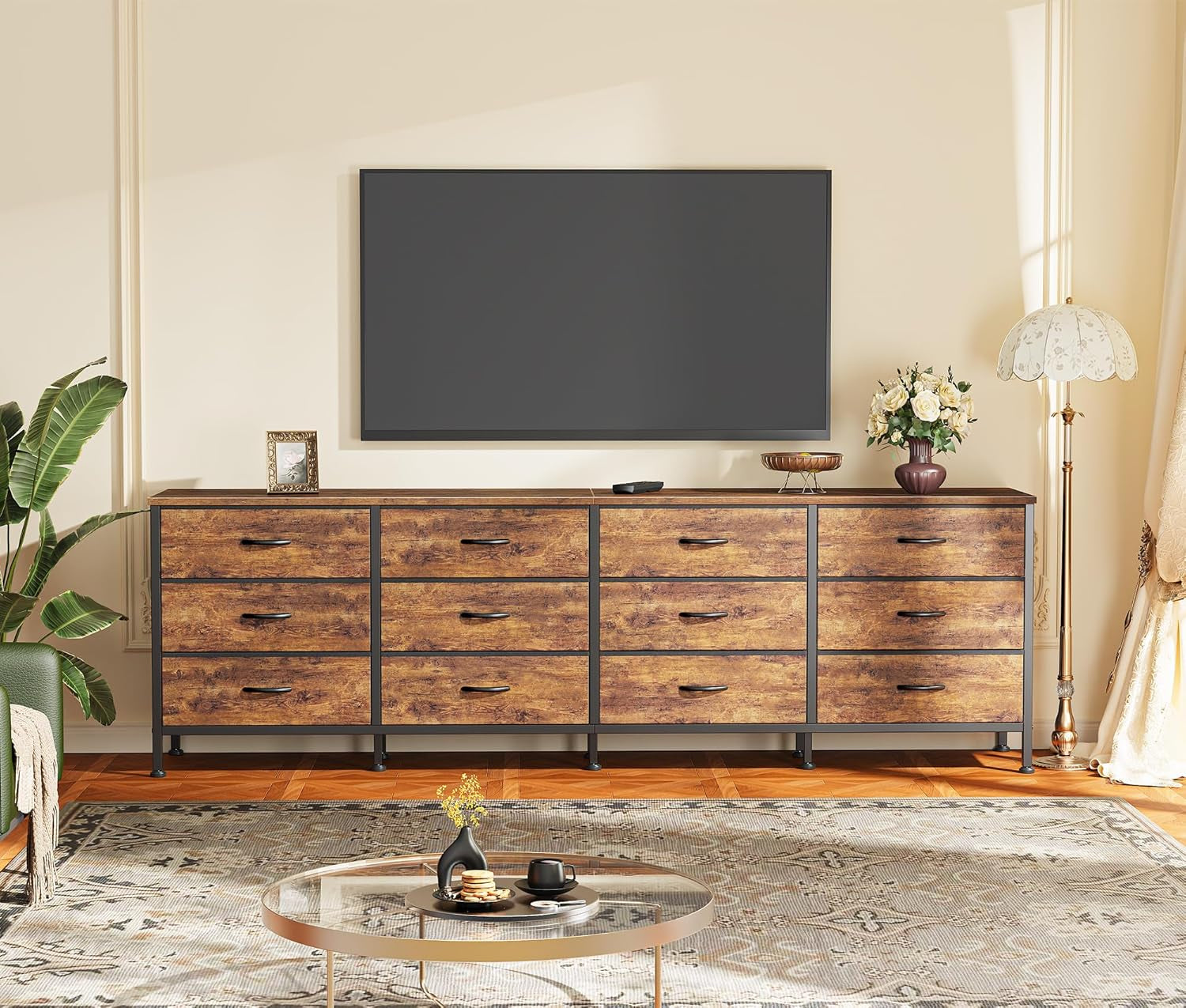 70-Inch Rustic Brown Dresser and TV Stand for 65, 75, and 80-Inch TVs, Featuring 12 Fabric Drawers and Ample Storage for Bedroom Entertainment Centers