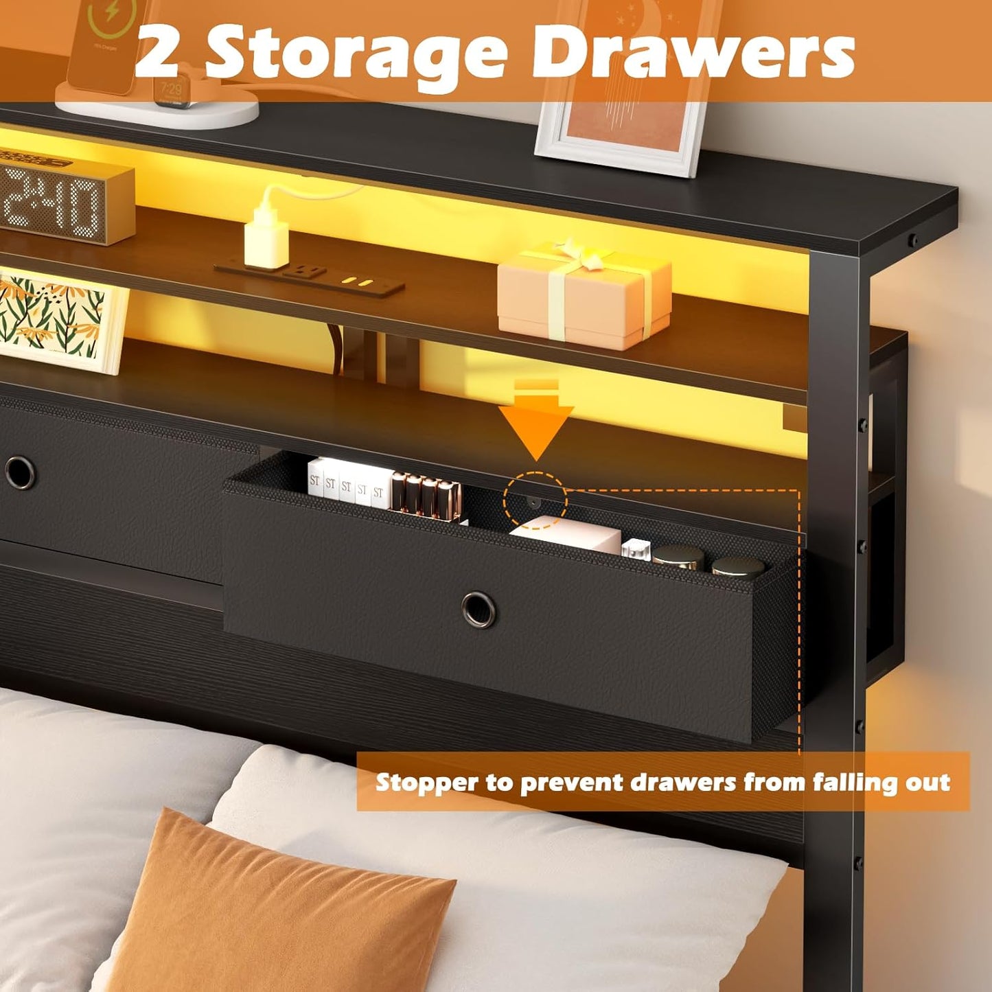 Twin Bed Frame with Integrated Charging Station and LED Lighting, Wooden Headboard Featuring Two Fabric Drawers and Storage Shelves, Twin Size Platform Design with Metal Slats, Box Spring Not Required, Black Oak Finish