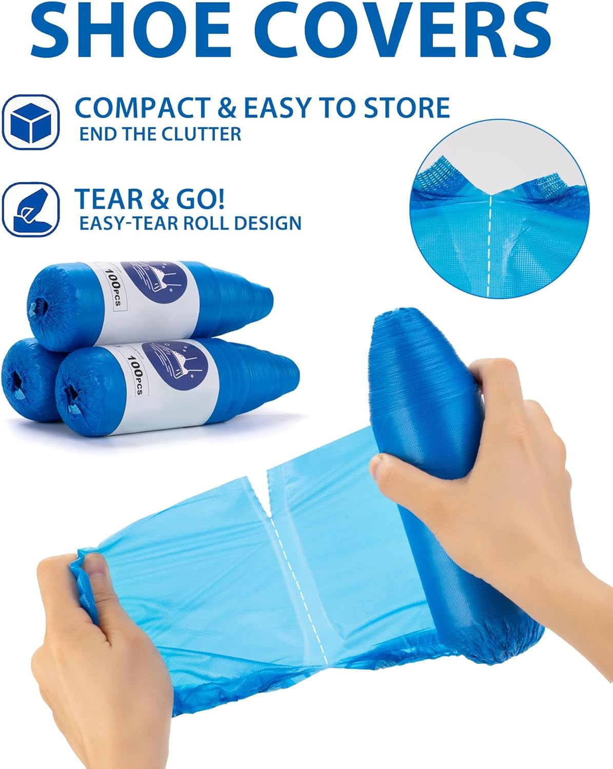 Shoe Covers Disposable Non-Slip, Waterproof Boot Covers with Compact Roll for Easy Storage, 100 Pack Plastic Shoe Covers for Indoor Use, Home Cleaning,Visting, One Size Fits Most