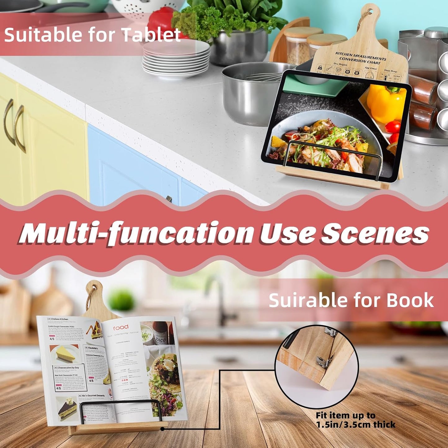 Kitchen Conversion Chart Cookbook Stand, Sturdy Wood Cook Book Holder, Recipe Cookbook Holder Stand with Kitchen Counters, Kitchen Baking Gifts for Women, Accessiores for Holding Cookbook