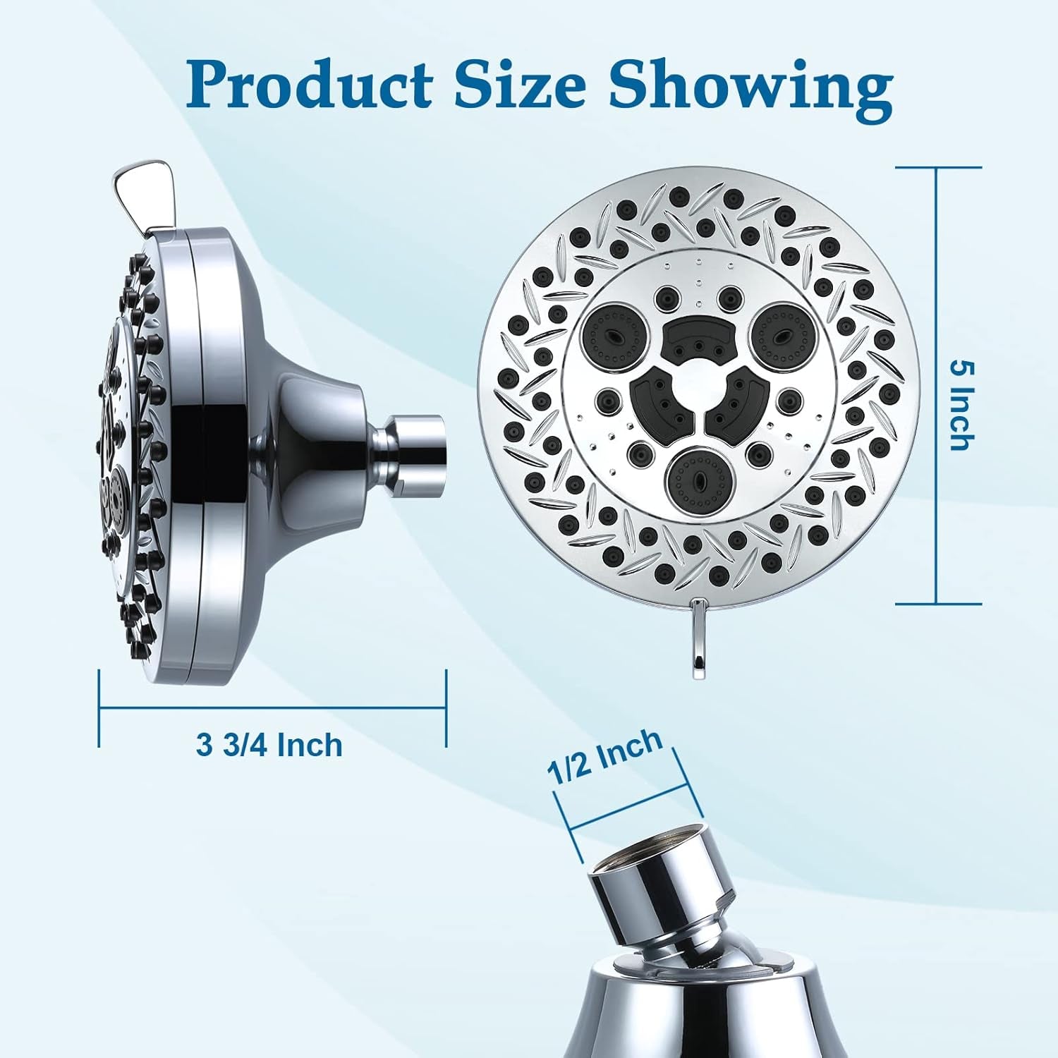 8 Spray Modes Shower Head, 5 Inch High Pressure Shower Heads with 62 Anti-Clogging Nozzles and Adjustable Brass Ball Joint, Chrome Finish, Replacement for Bathroom Showerhead
