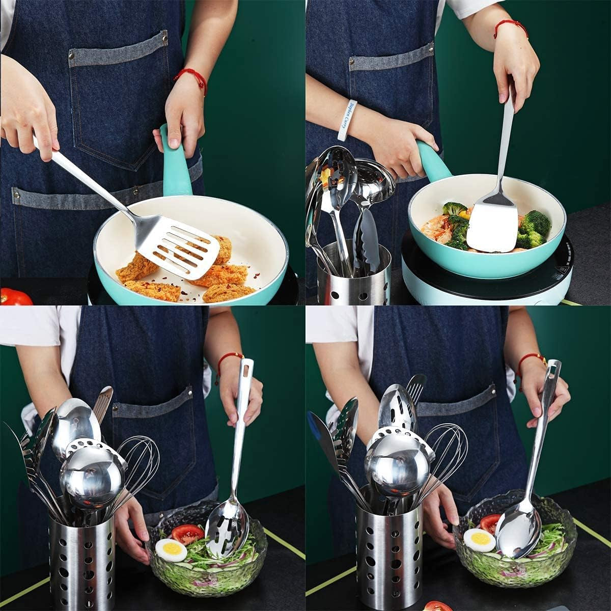 Professional Stainless Steel 13-Piece Cooking Utensils Set with Non-Stick, Heat Resistant Features and Dishwasher Safe Design, Includes Utensil Holder
