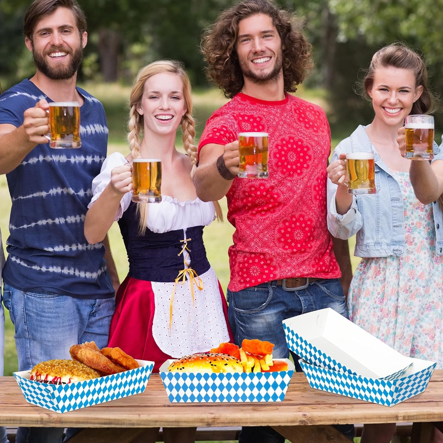 50 PCS Oktoberfest Decorations, Disposable Oktoberfest Paper Food Trays, Fold-To-Assemble Beer Festival Blue White Decoration, Oktoberfest Snacks Take Out Food Serving Trays for German Party Supplies