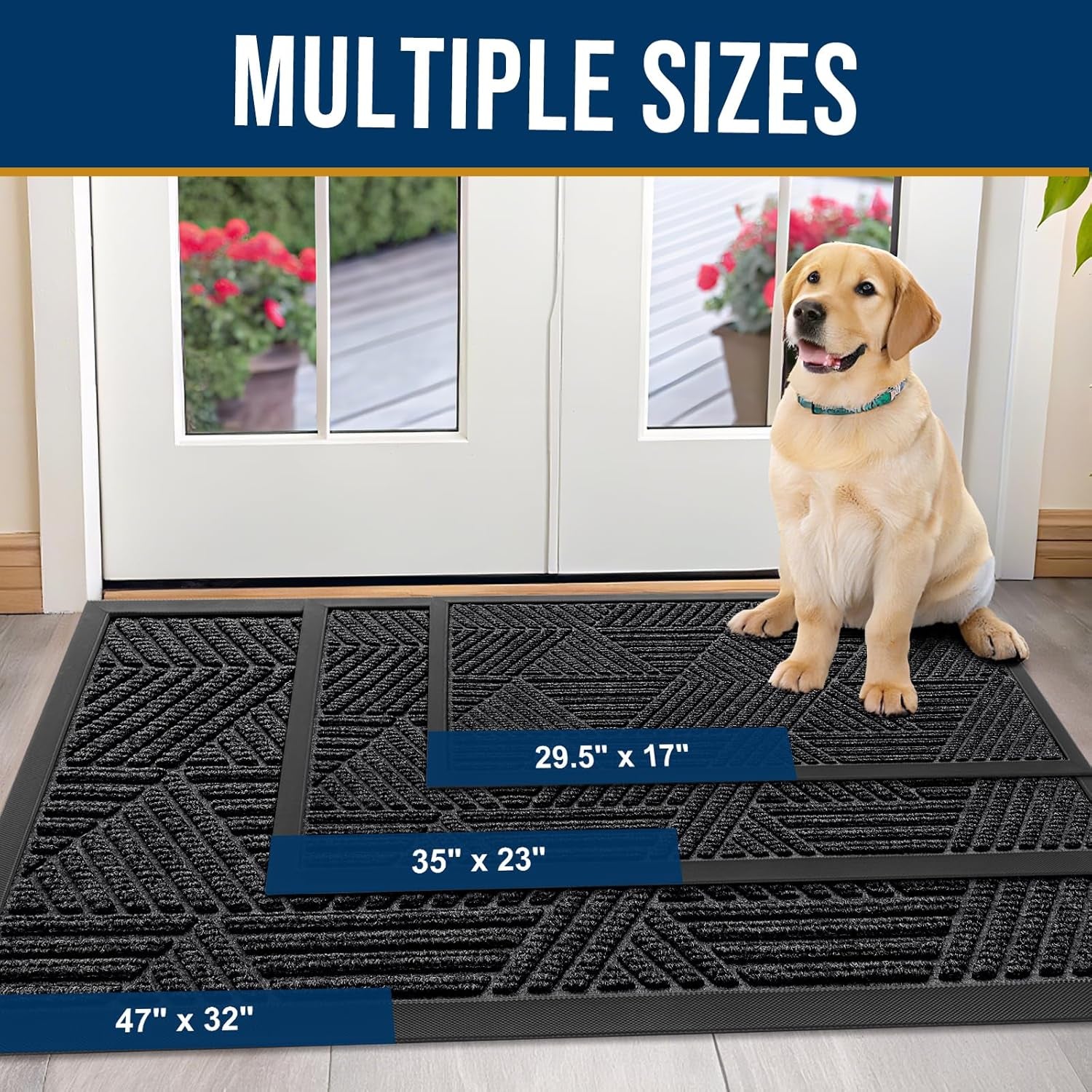 Front Door Mat outside Entrance, Sturdy Natural Dirt Trapper, Heavy Duty Rubber Doormat, Low Profile Non-Slip Backing, Easy Clean Floor Mat for Indoor Outdoor Entry, 29.5X17 Inch, Black