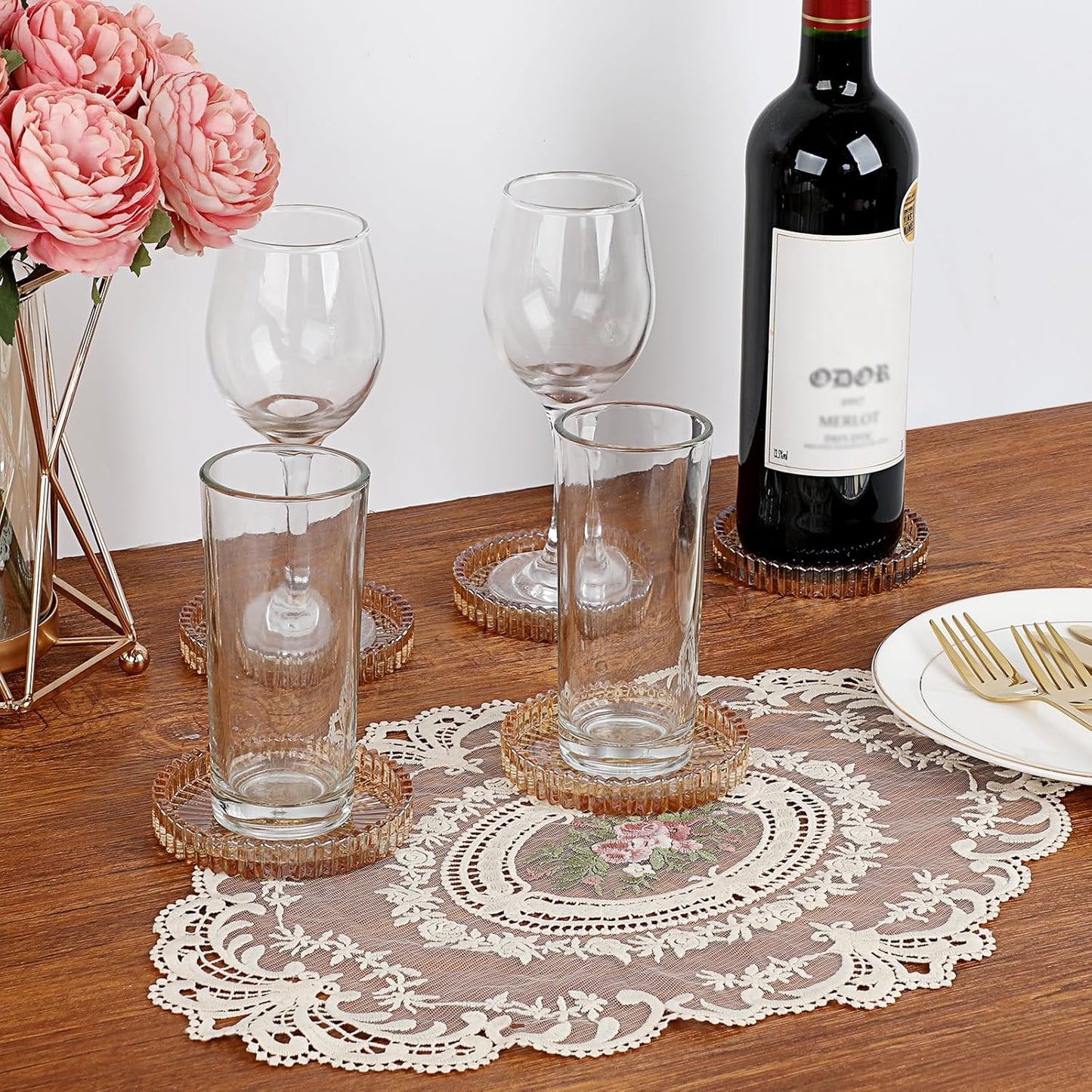 Modern Amber Glass Coaster Set of 5 - Elegant Round Coasters for Drinks, Ideal for Coffee Tables, Offices, Kitchens, Bars, Dining Rooms, Living Rooms, and Patios