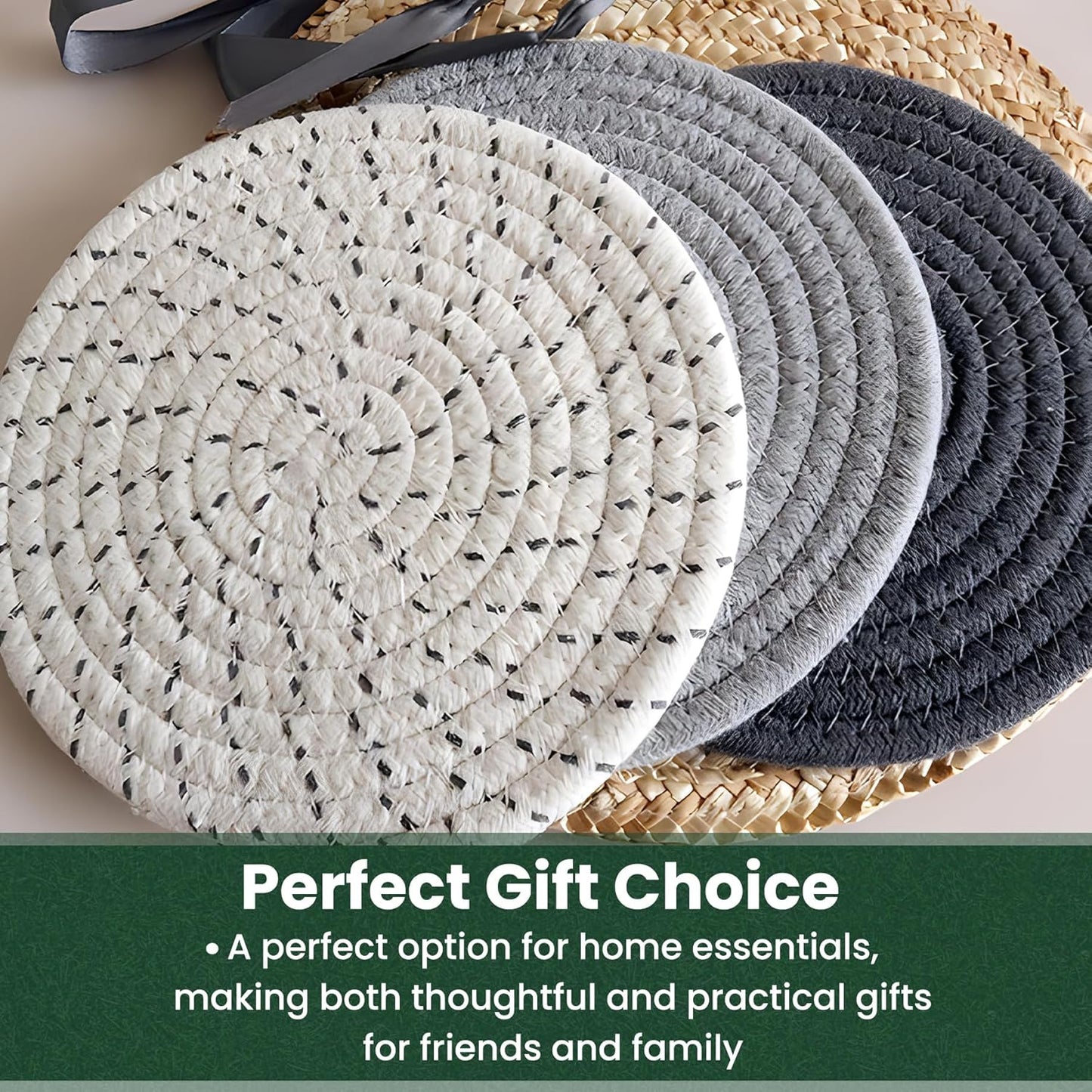 10 Inch Trivets for Hot Dishes, Hot Pots and Pans, Extra Large Thick Heat Resistant Large Coaster, Hot Pads, Kitchen Essentials, Pot Holders for Countertop with Storage Basket, 5 Pcs
