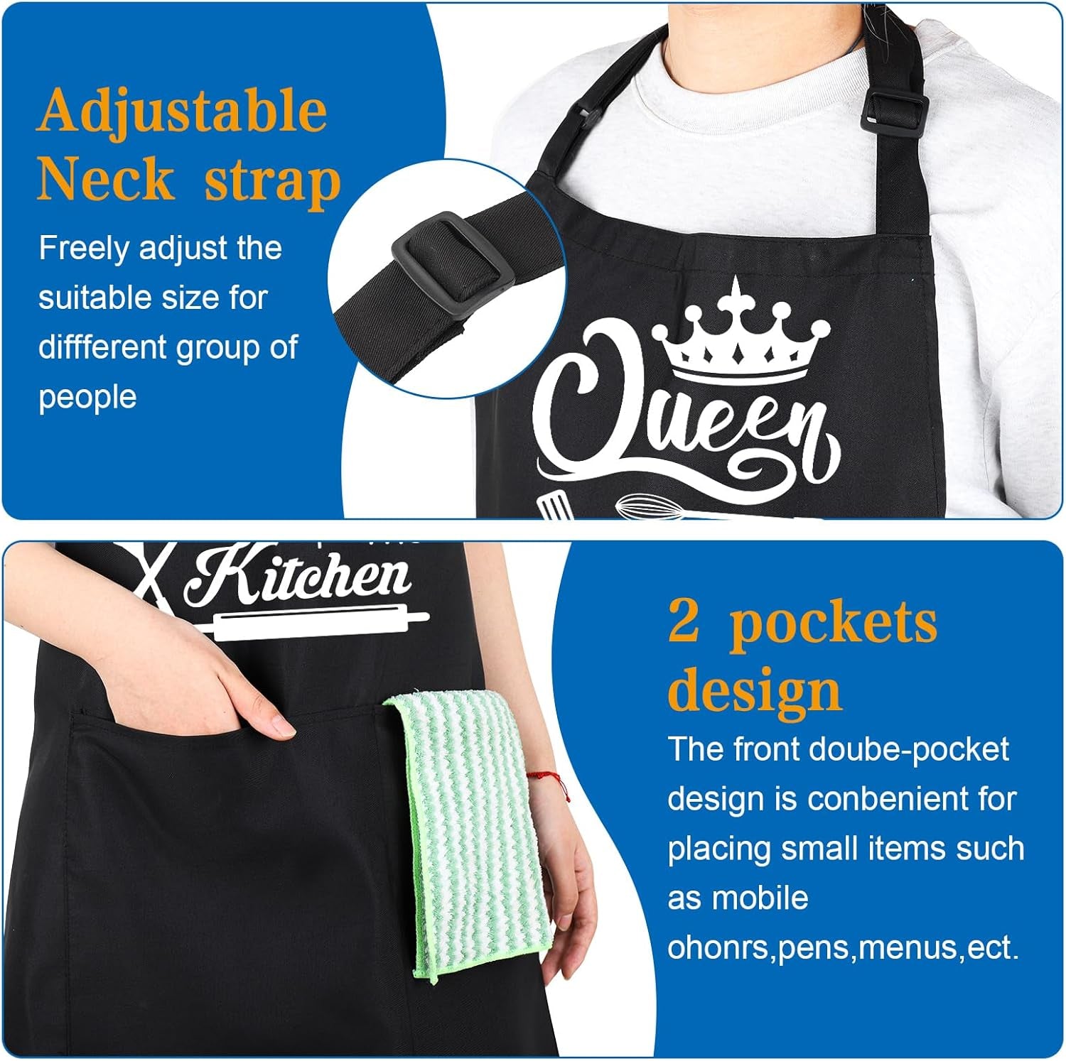 Funny Aprons for Women, 39’’ X 39'' plus Size Aprons Queen of the Kitchen Cooking Aprons Women Personalized Custom Aprons Adjustable Chef Baking Apron Gifts for Mom Wife Sister Grandma