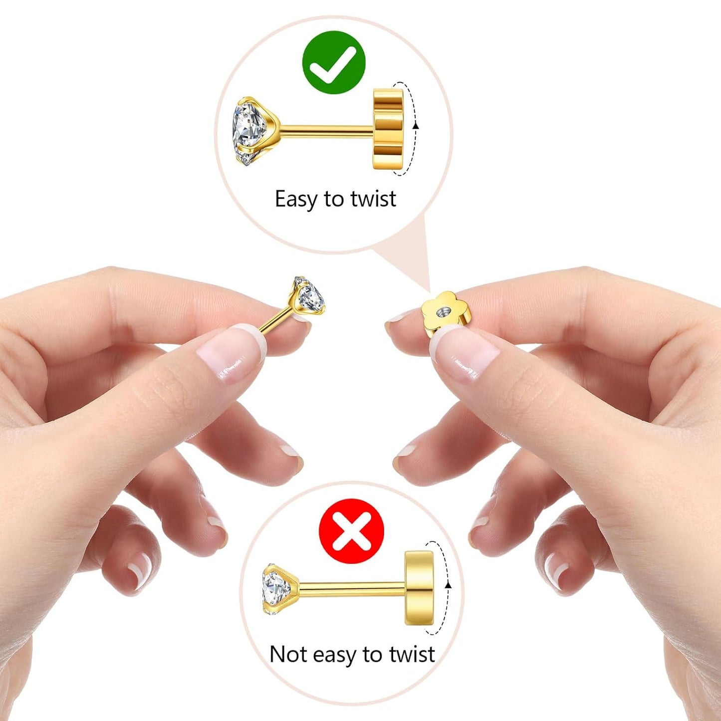 3Mm Gold CZ Tiny Stud Cartilage Flatback Earrings, Plated Flat Back Cubic Zirconia Earrings for Helix Cartilage Tragus Earlobe Piercing Jewelry Gift for Women Men (Golden, 3Mm)