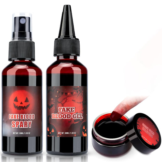 Halloween Fake Blood Makeup Kit, 3PCS Realistic Washable Costume Blood Set (1.69Oz Spray + 1.69Oz Dripping + 1.01Oz Coagulated ) for Zombie Vampire SFX, Dark Coagulated & Fresh Spray Effects
