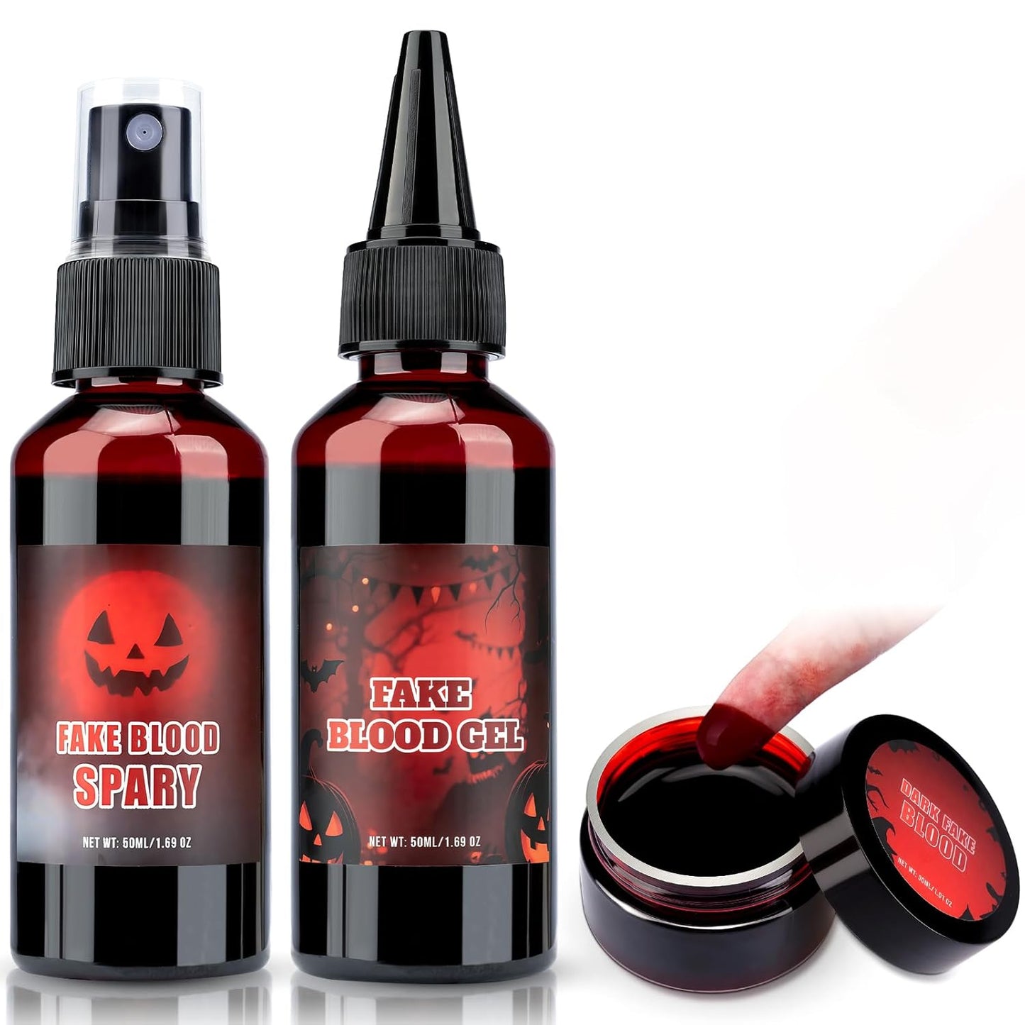 Halloween Fake Blood Makeup Kit, 3PCS Realistic Washable Costume Blood Set (1.69Oz Spray + 1.69Oz Dripping + 1.01Oz Coagulated ) for Zombie Vampire SFX, Dark Coagulated & Fresh Spray Effects