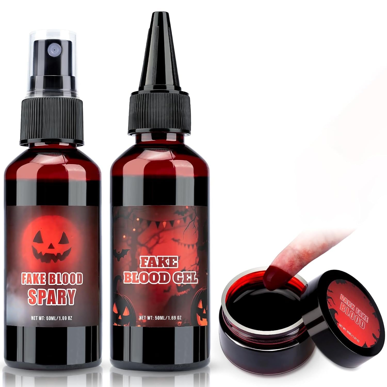 Halloween Fake Blood Makeup Kit, 3PCS Realistic Washable Costume Blood Set (1.69Oz Spray + 1.69Oz Dripping + 1.01Oz Coagulated ) for Zombie Vampire SFX, Dark Coagulated & Fresh Spray Effects