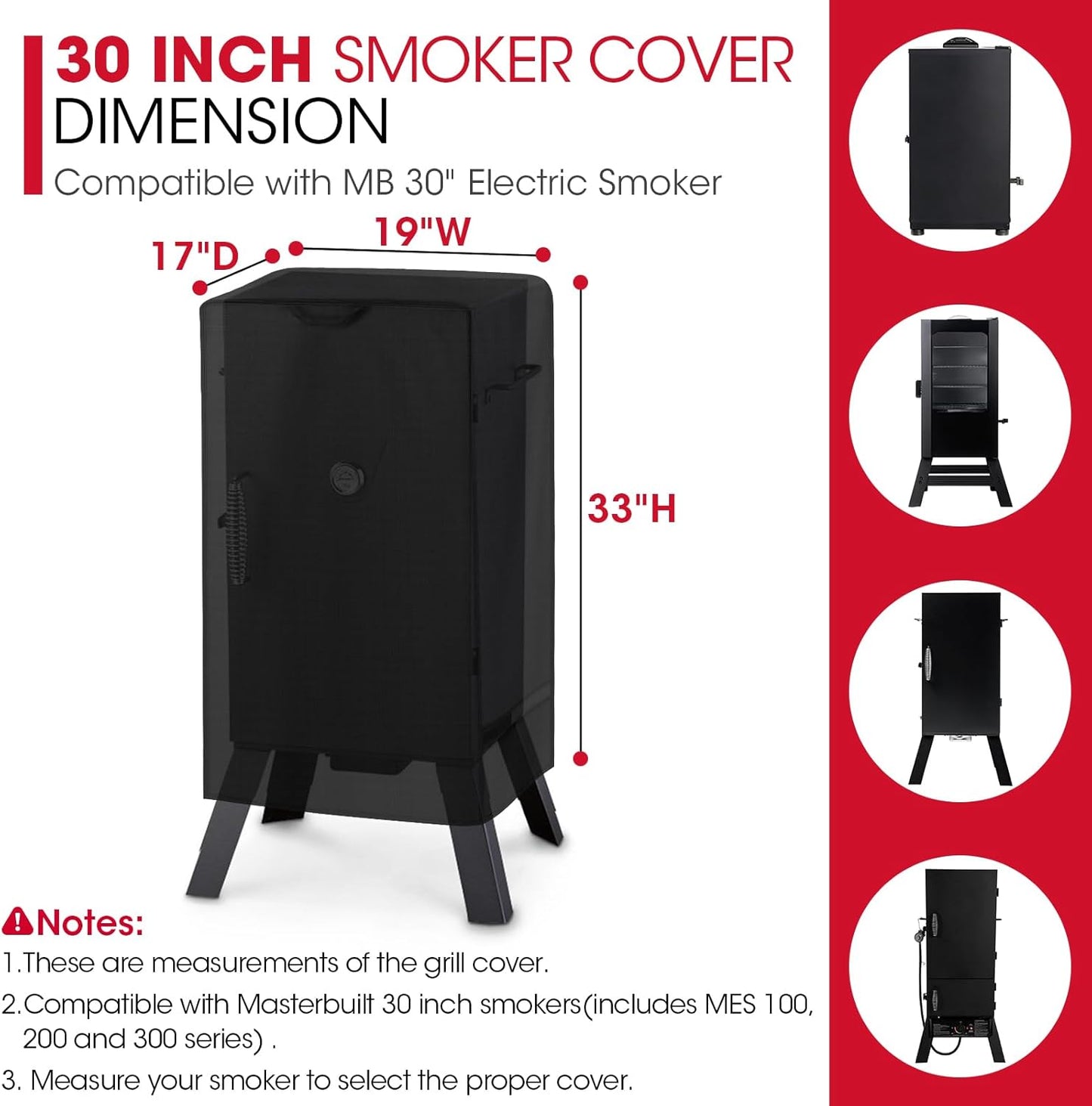 30 Inch Electric Smoker Cover for Masterbuilt, Unique UV Resistant Waterproof Vinyl with Polyester Lining, Outdoor Digital Propane Vertical Smoker Cover, 19" W X 17" D X 33" H