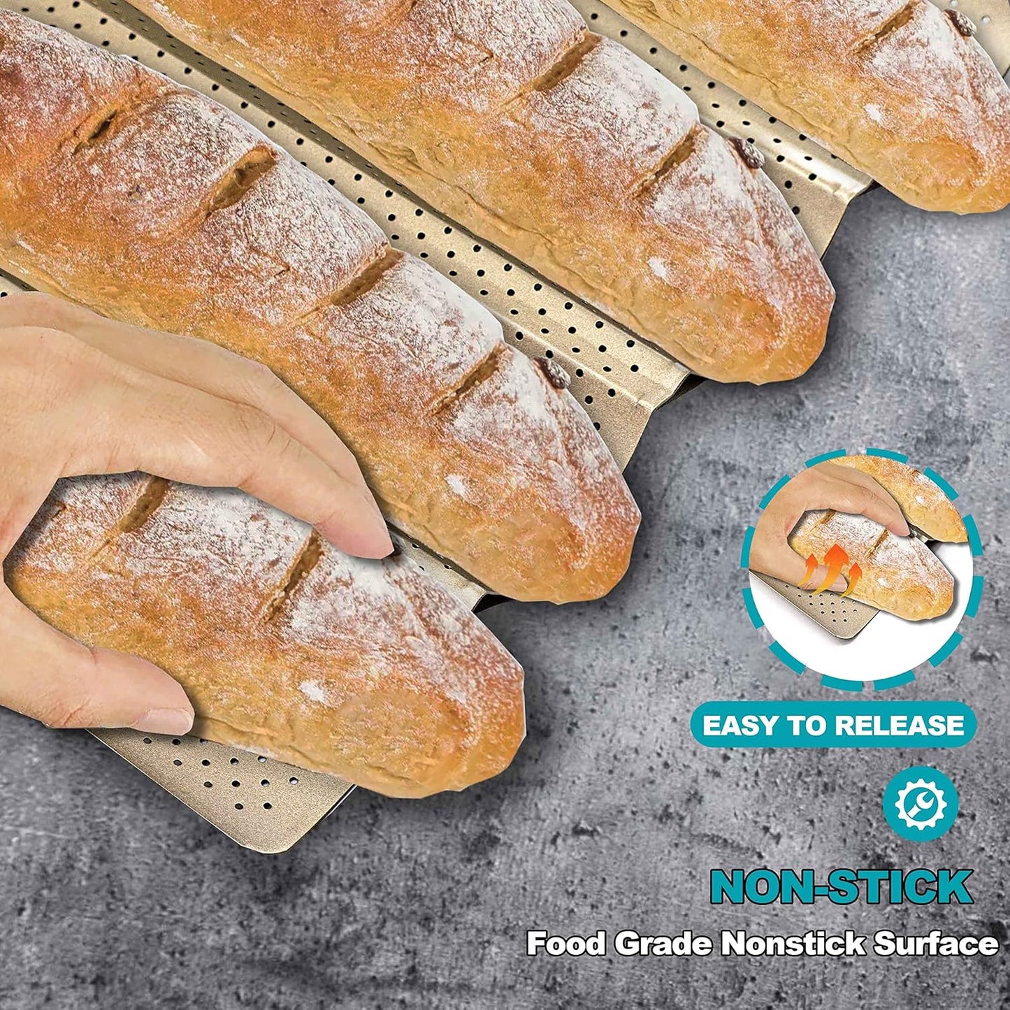 2 Pack Nonstick Perforated French Bread Baking Pan, 15"X 13" Premium Toast Mold for 4 Loaves Baguettes, French & Italian Bread Trays for Baking Loaf Bread, Ventilation & Heat Resistant (Gloden)