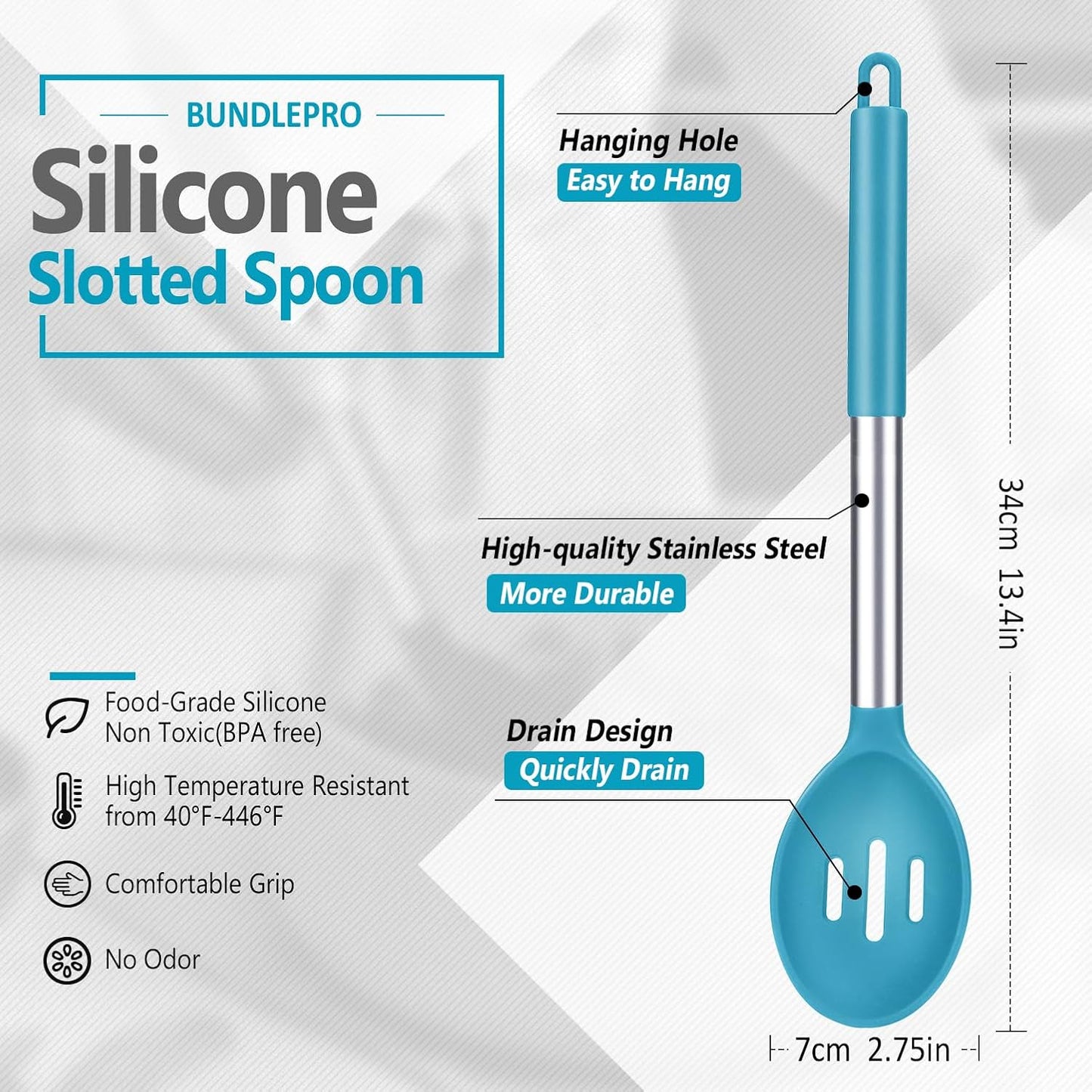 Pack of 2 Large Silicone Slotted Spoon Kitchen Skimmer with High Heat Resistant BPA Free Non Stick Cooking Ladle Strainers for Draining and Frying (Gray-Blue)