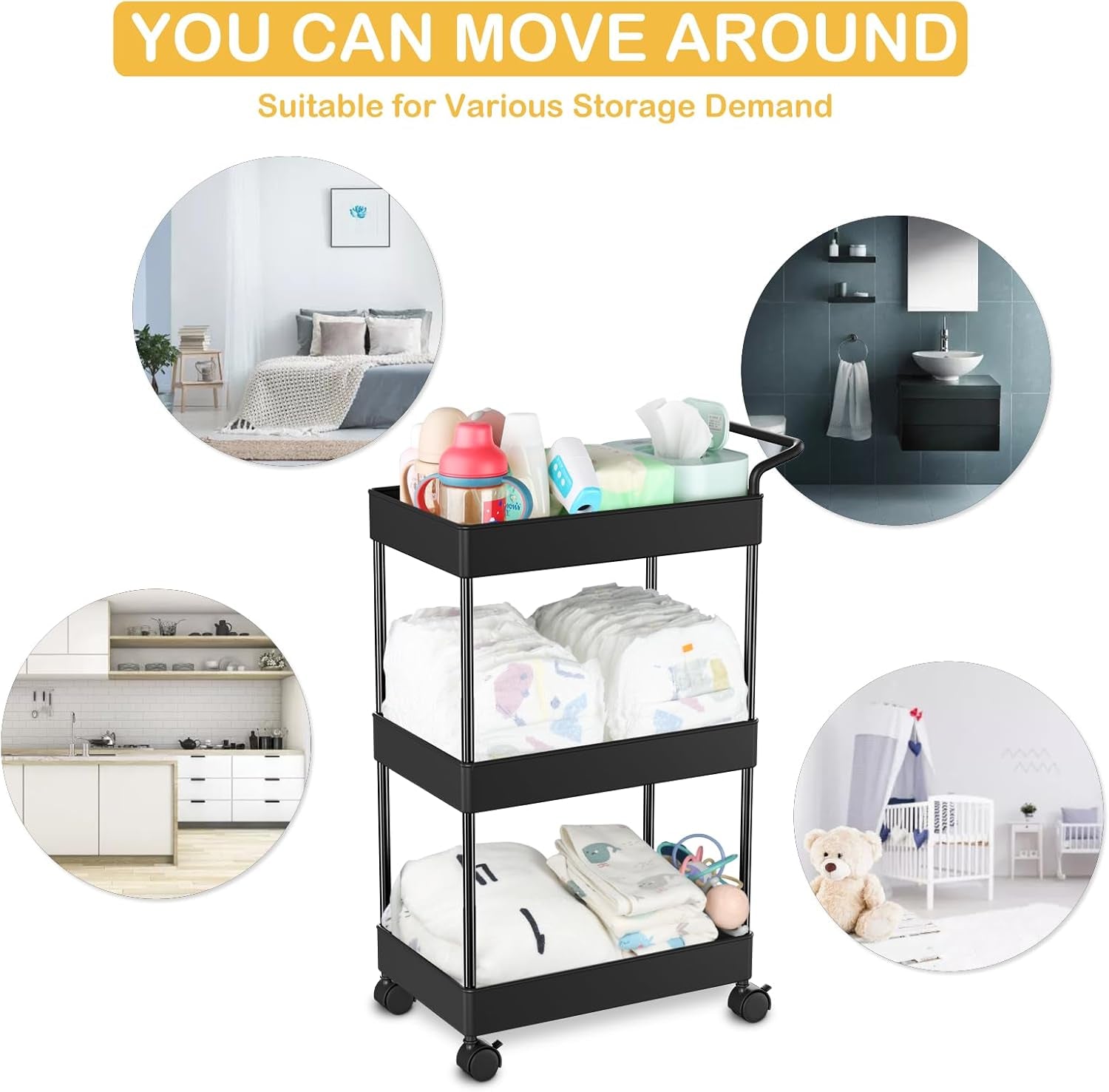 Baby Diaper Caddy – Plastic Diaper Organizer for Nursery Essentials, Movable Cart for Changing Table & Crib, Easy to Assemble, Black