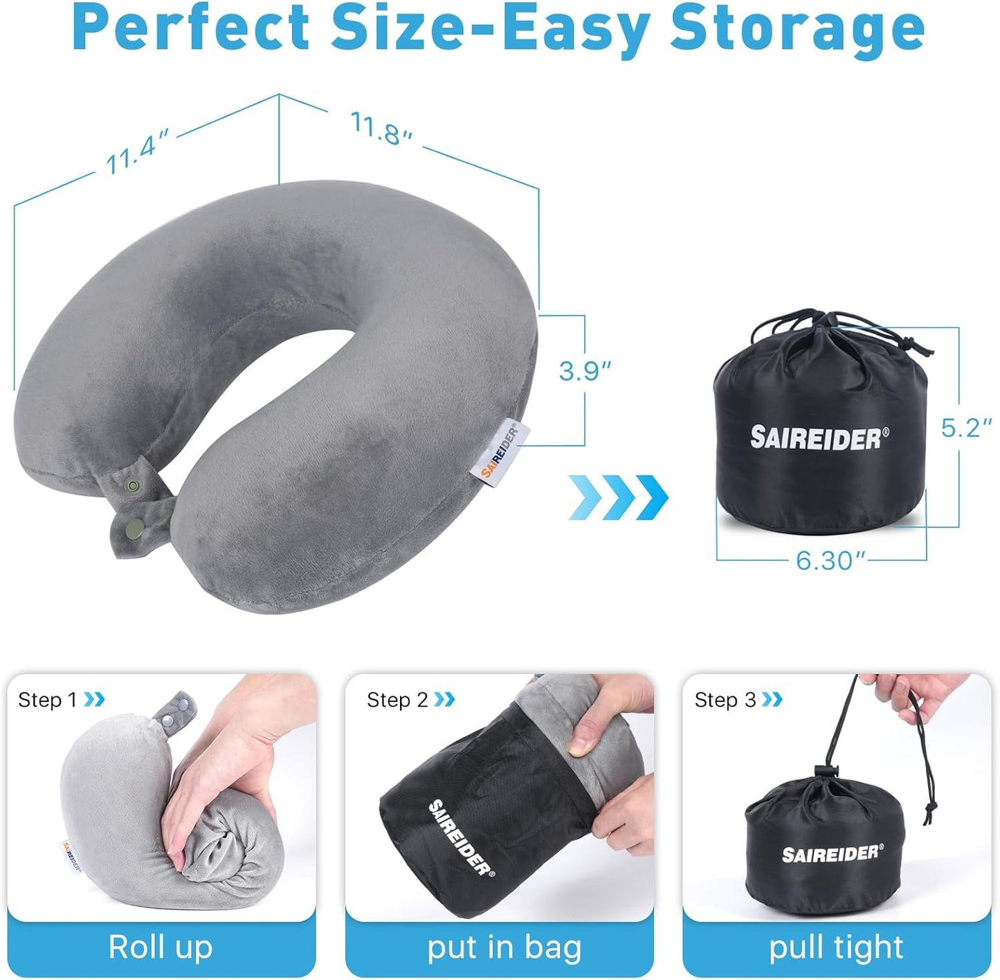 Travel Pillows for Sleeping Airplane 100% Pure Memory Foam Neck Pillow for Airplanes Washable Cover with Storage Bag (Grey)