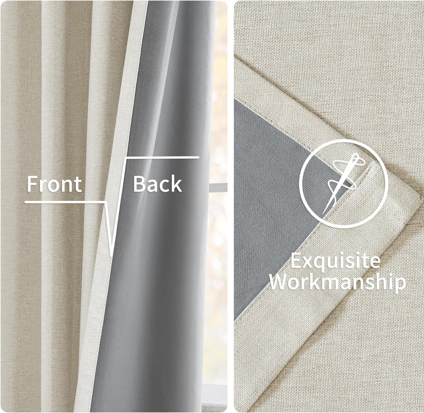 Linen Pinch Pleated 100% Blackout Curtains - 92 Inch Long, Set of 2 Panels, Back Tab Track Cream Darkening Drapes with Hooks for Bedroom and Living Room